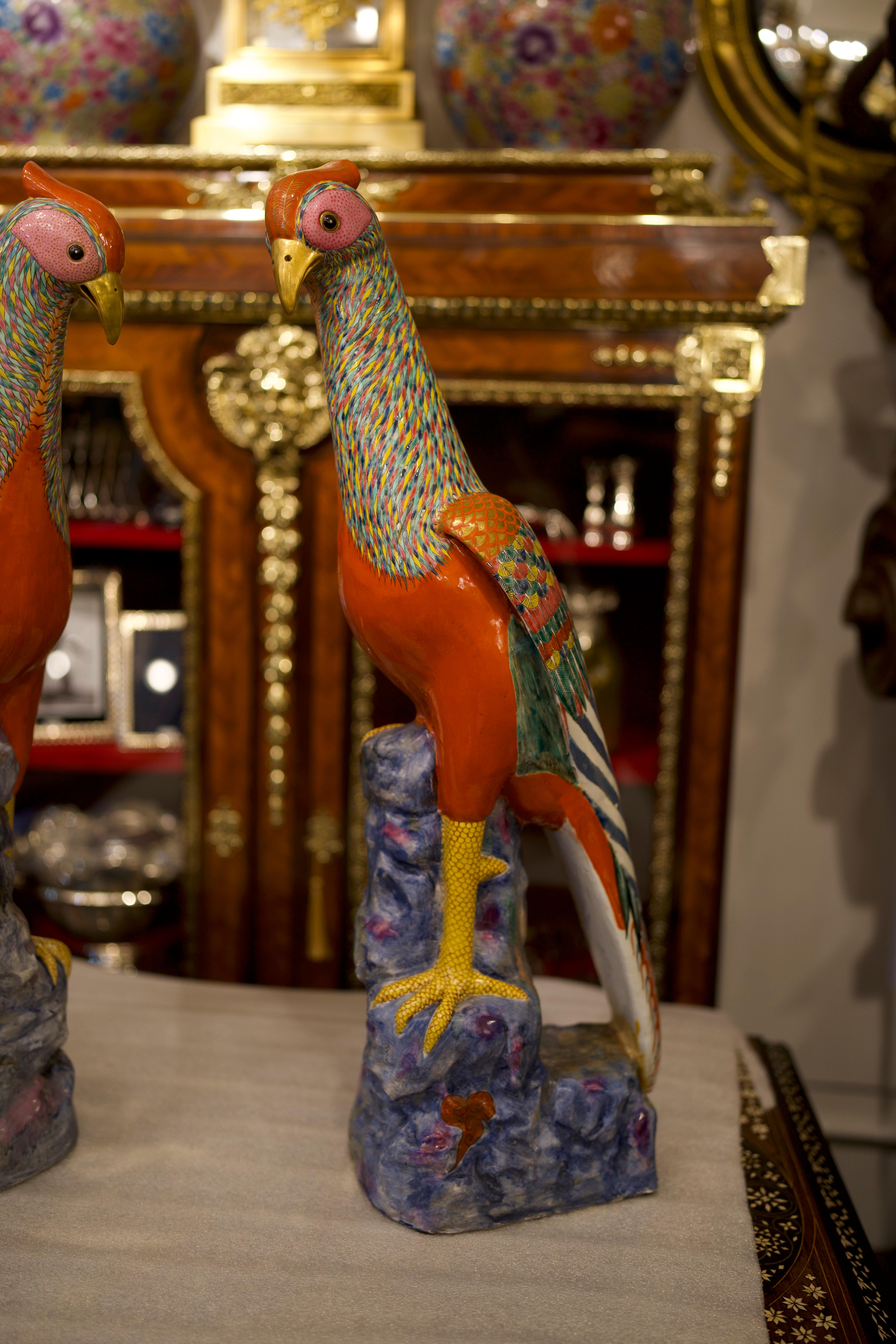 European 19th Century Pair of Large Famille Rose Pheasants by Samson For Sale