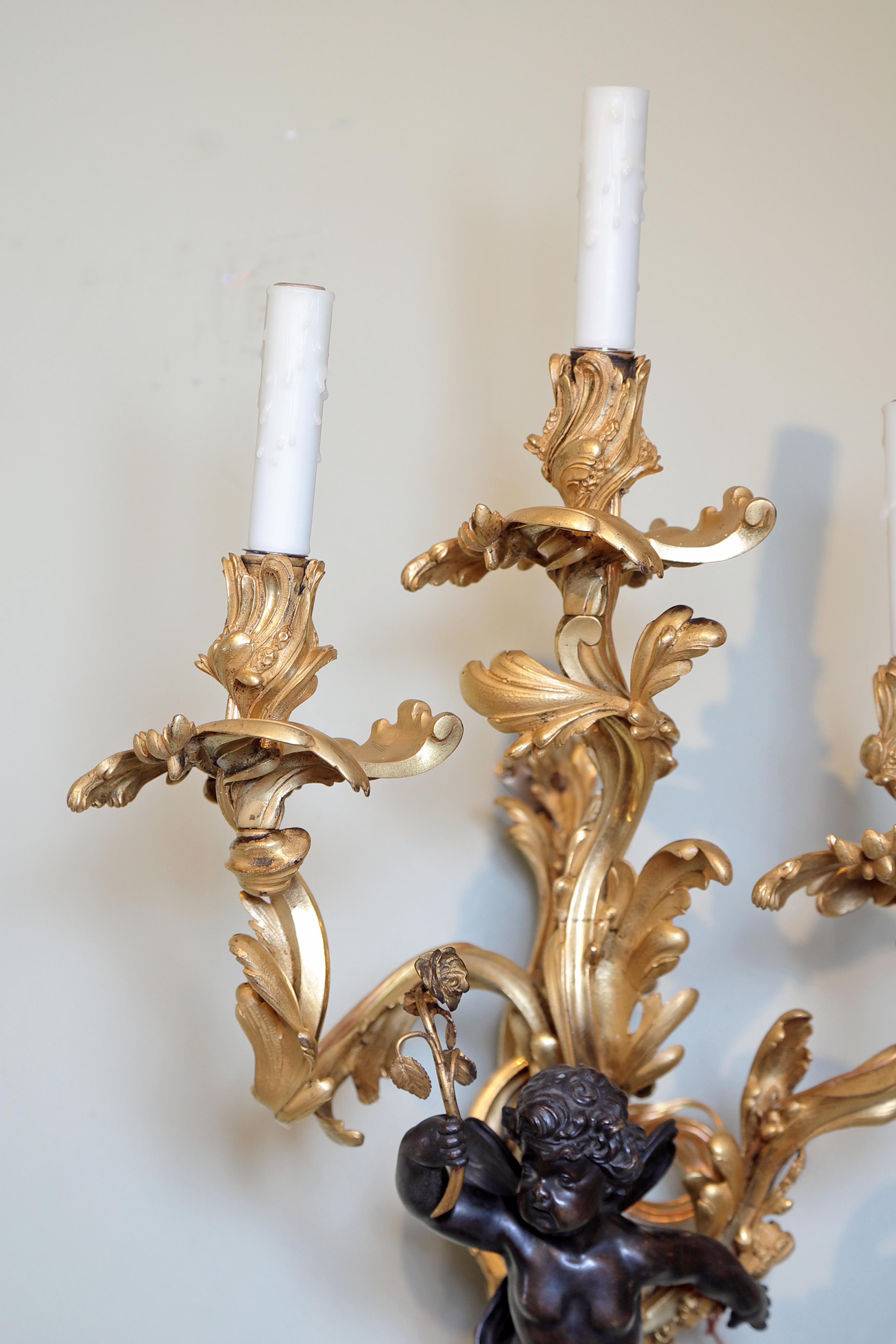 Louis Philippe 19th Century Pair of Large French Gilt Bronze and Patinated Cherub Sconces