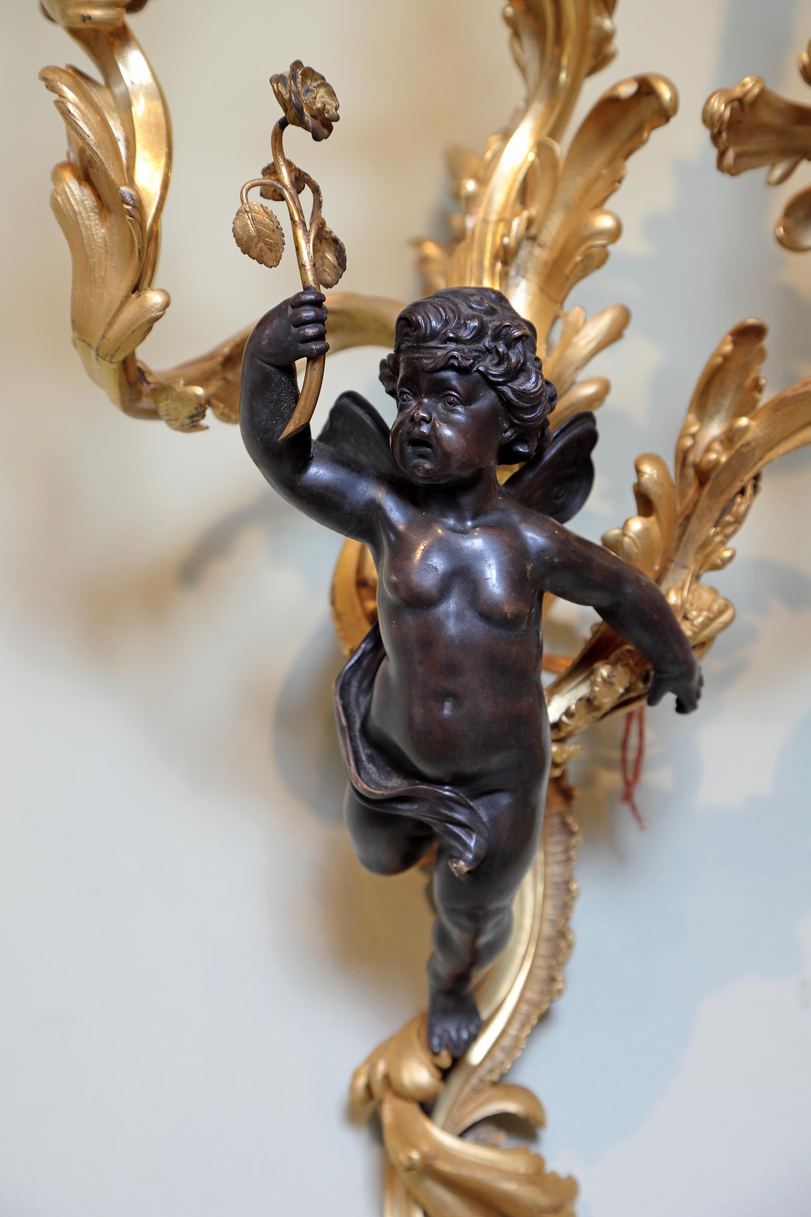 19th Century Pair of Large French Gilt Bronze and Patinated Cherub Sconces 1