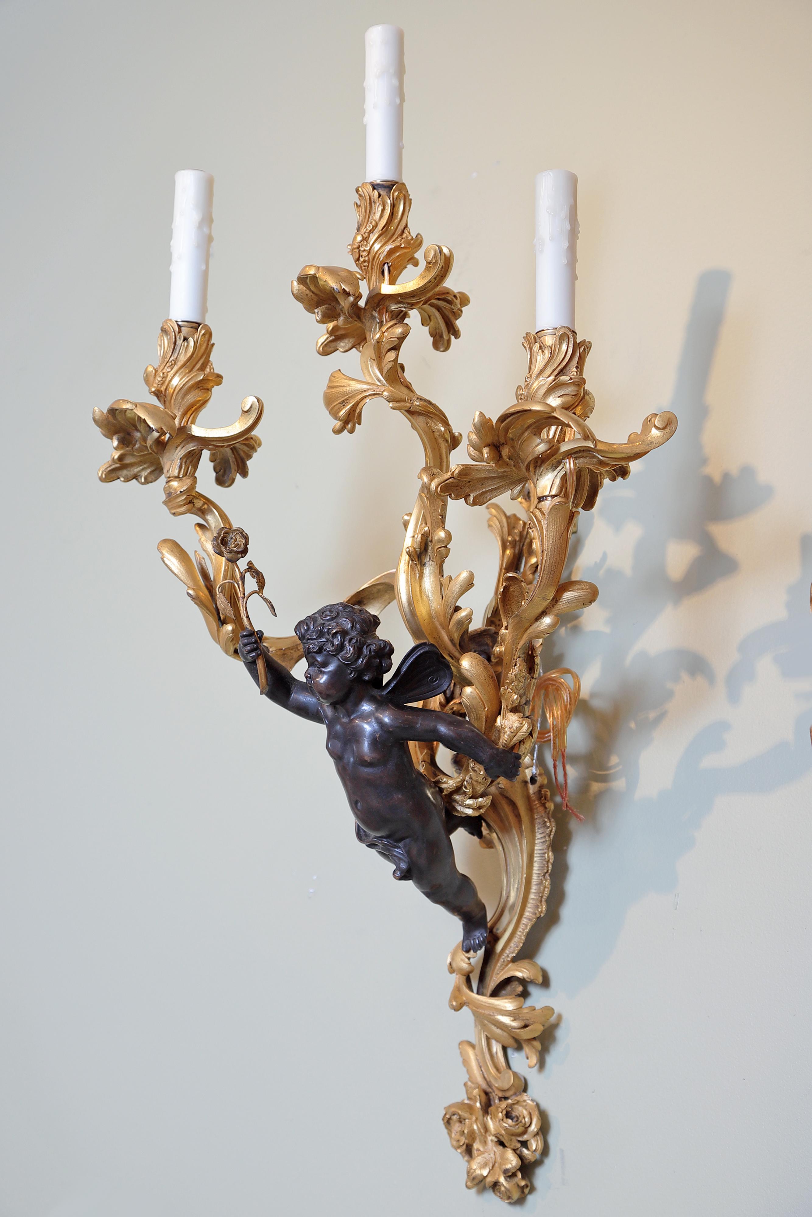 19th Century Pair of Large French Gilt Bronze and Patinated Cherub Sconces 2