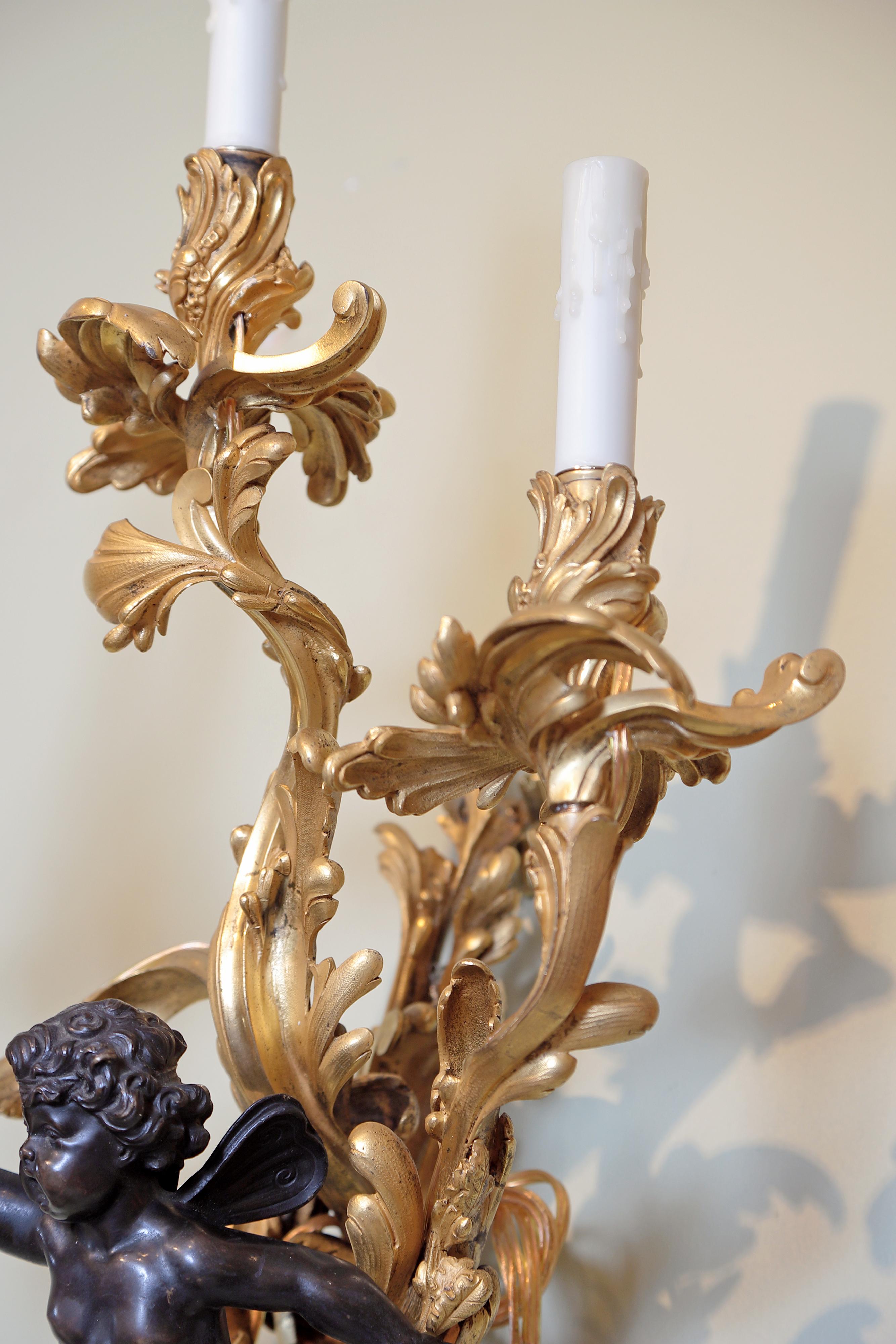 19th Century Pair of Large French Gilt Bronze and Patinated Cherub Sconces 3
