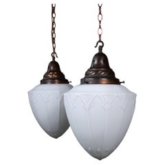 Antique 19th Century Pair of Large Gothic Opaline Lanterns Lights Chandeliers