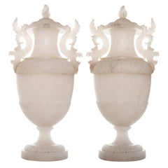 19th Century Pair of Large Italian Alabaster Covered Urns