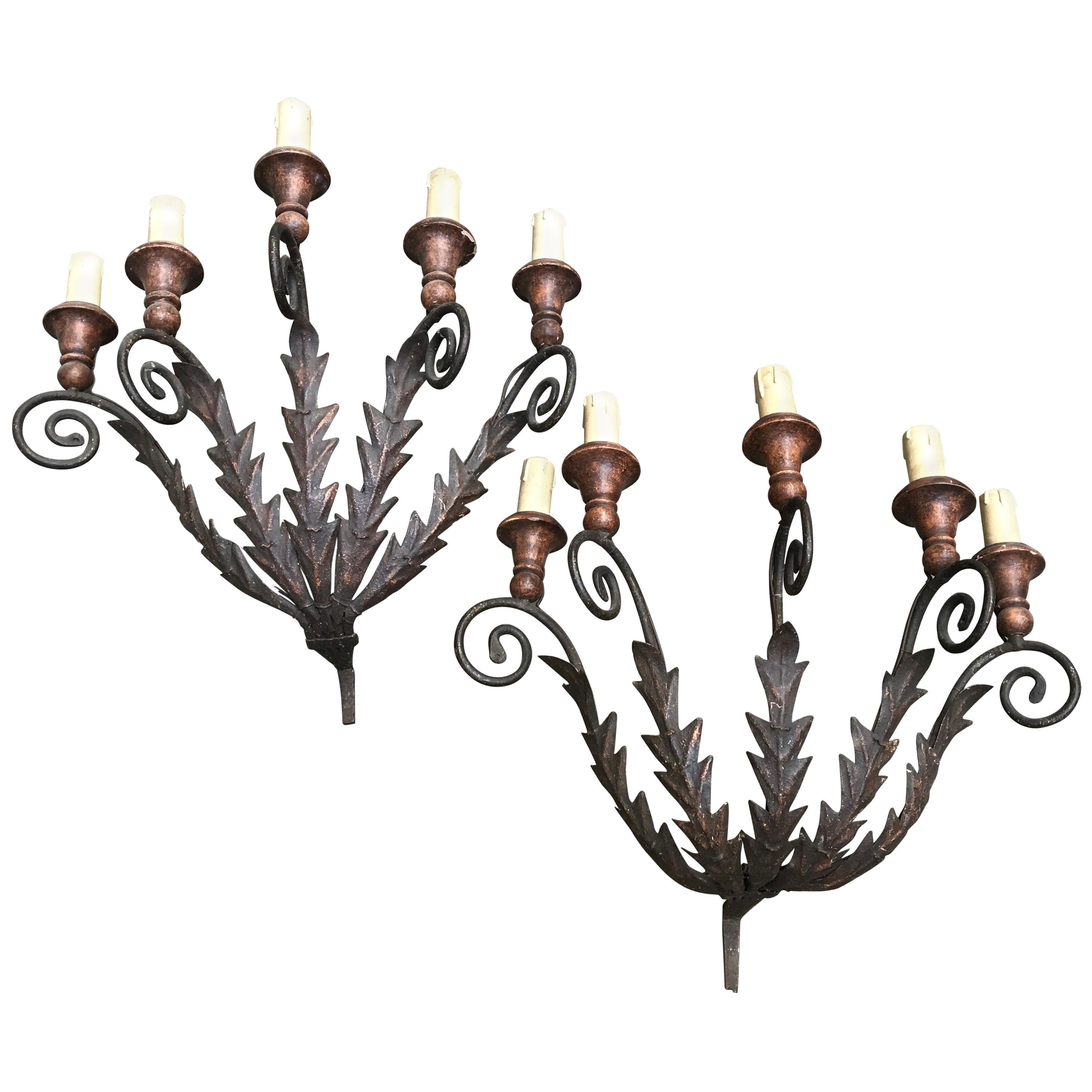 19th Century Pair of Large Italian Leafted Iron Five-Light Sconces From Tuscany