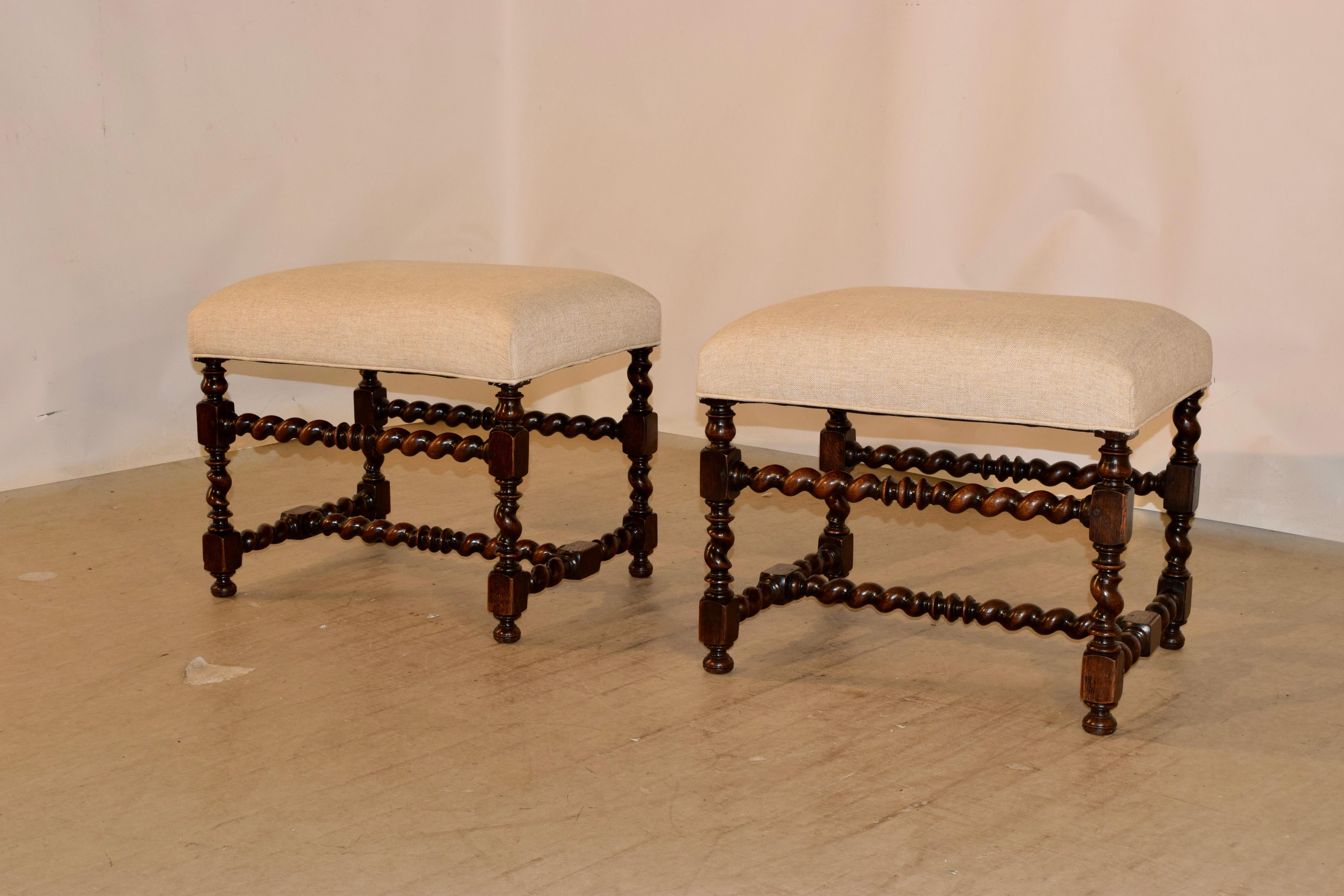 Linen 19th Century Pair of Large Upholstered Stools