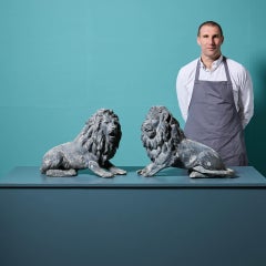 19th Century Pair of Lead Lion Statues