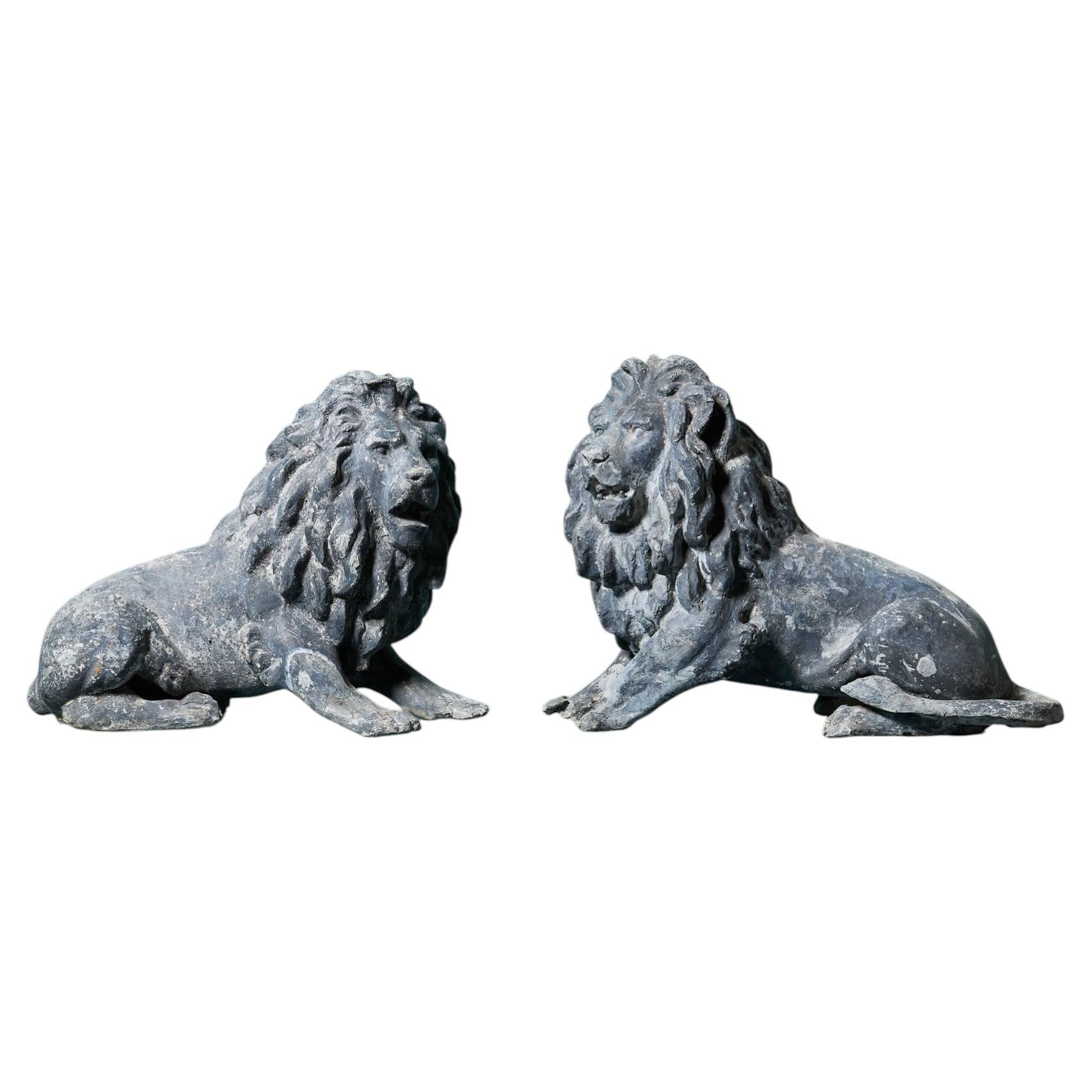 19th Century Pair of Lead Lion Statues