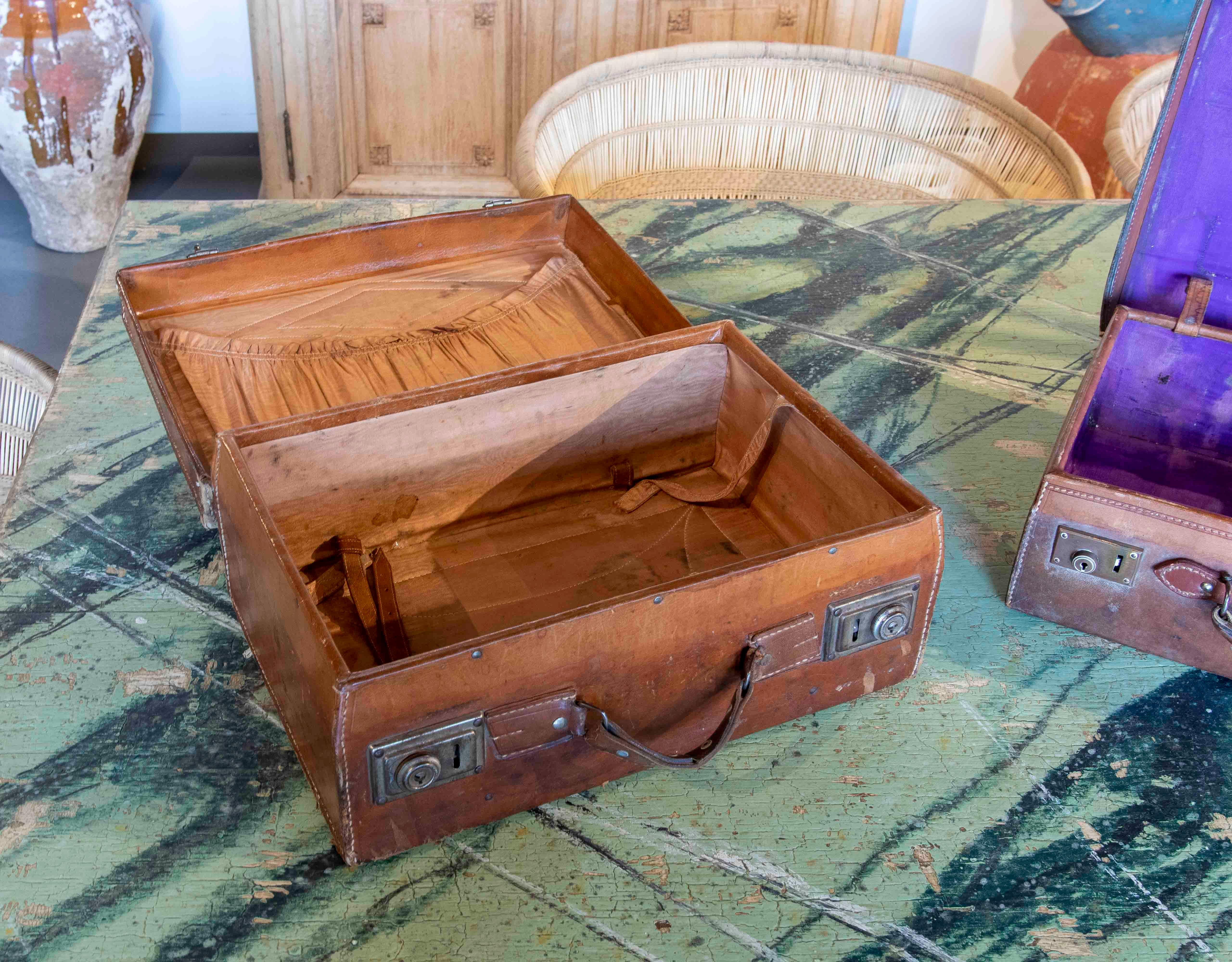 Spanish 19th Century Pair of Leather Travelling Suitcases with Bronze Initials