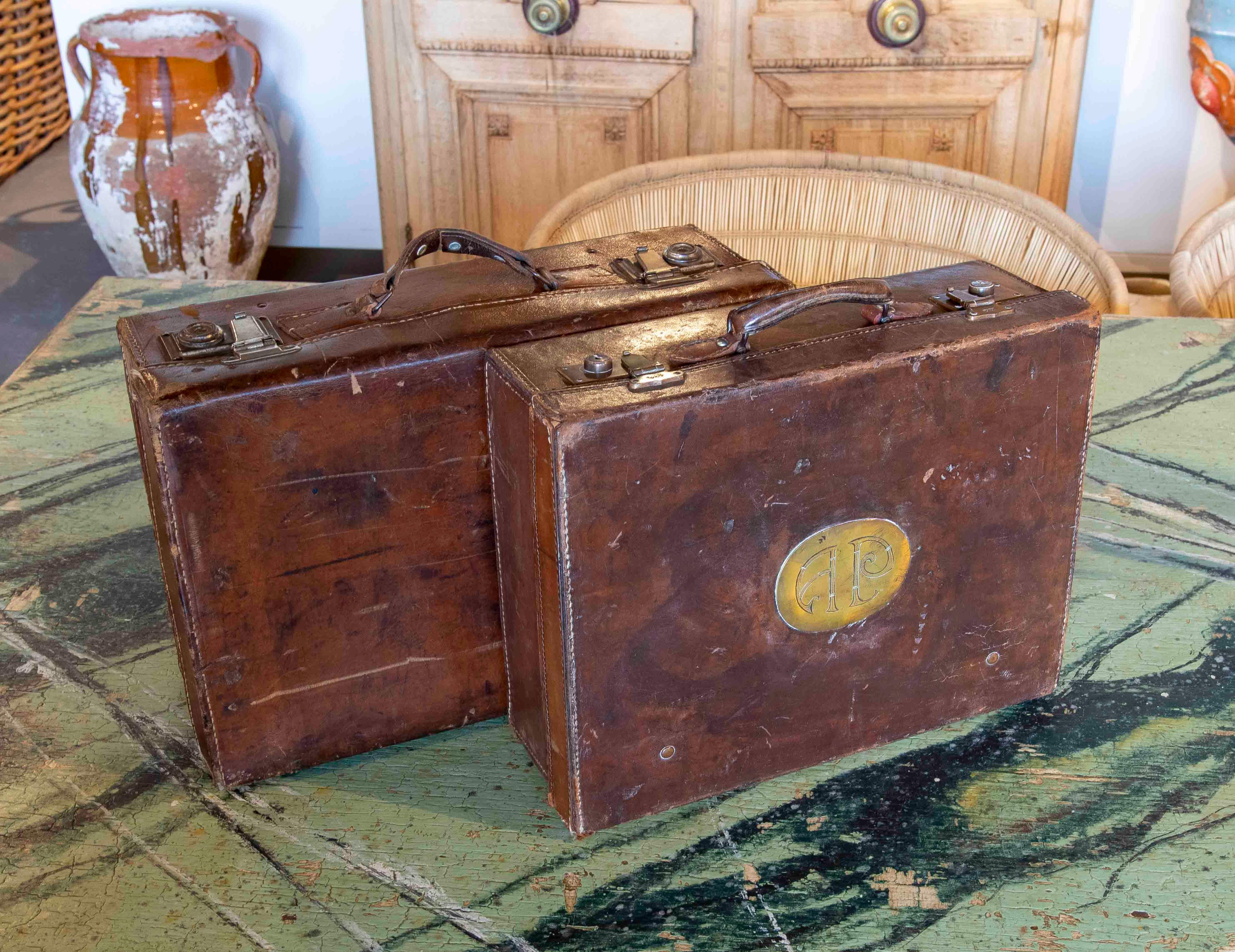 19th Century Pair of Leather Travelling Suitcases with Bronze Initials 1