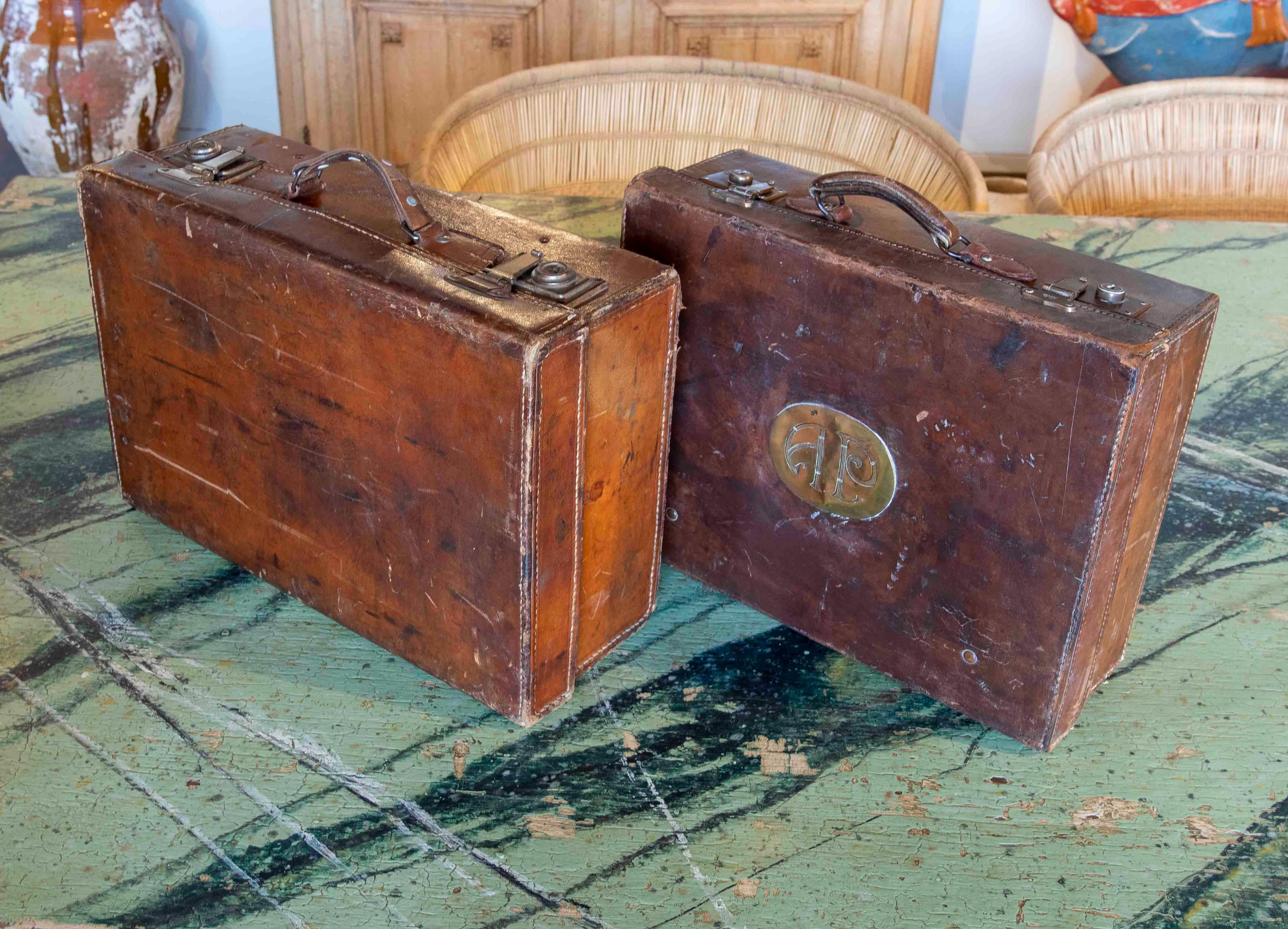 19th Century Pair of Leather Travelling Suitcases with Bronze Initials 2