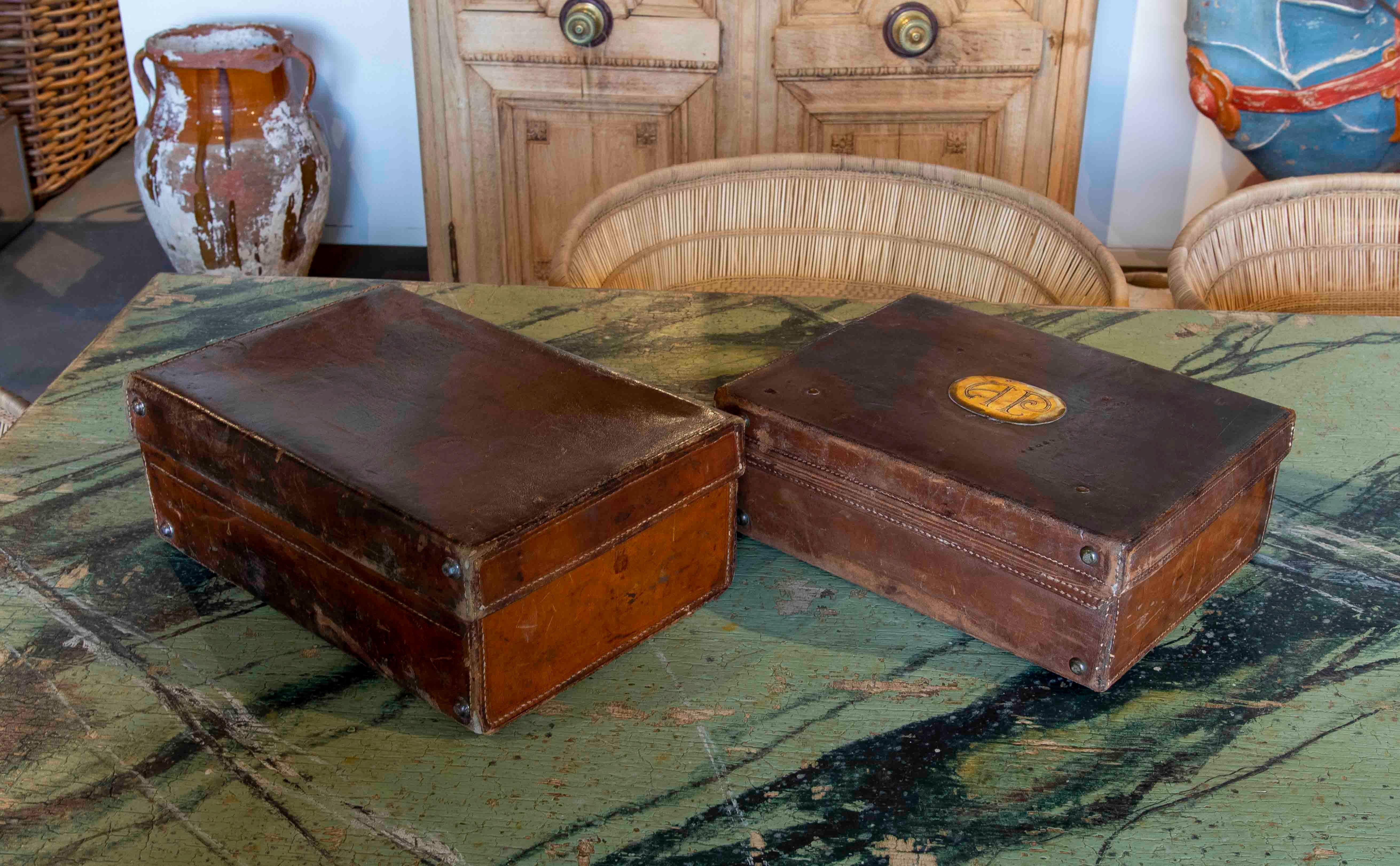 19th Century Pair of Leather Travelling Suitcases with Bronze Initials 3