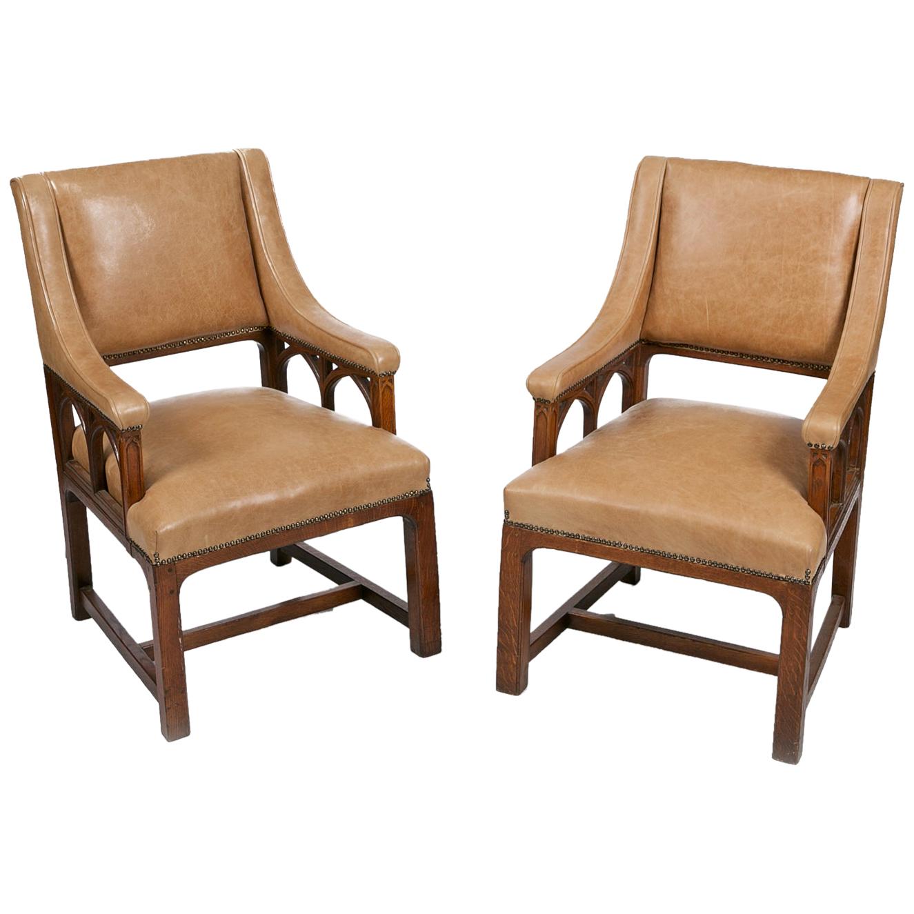 19th Century Pair of Library Armchairs in the Gothic Manner For Sale