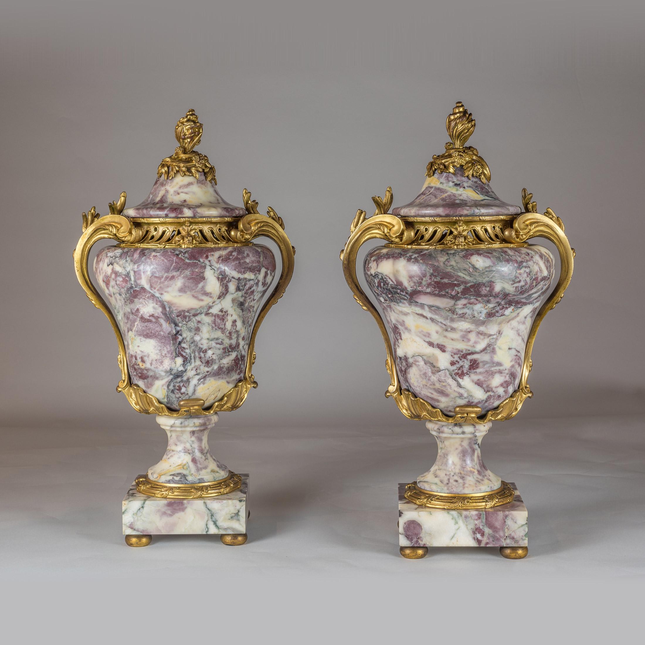 French 19th Century Pair of Louis XV Ormolu-Mounted Sarrancolin Marble Urn and Cover For Sale