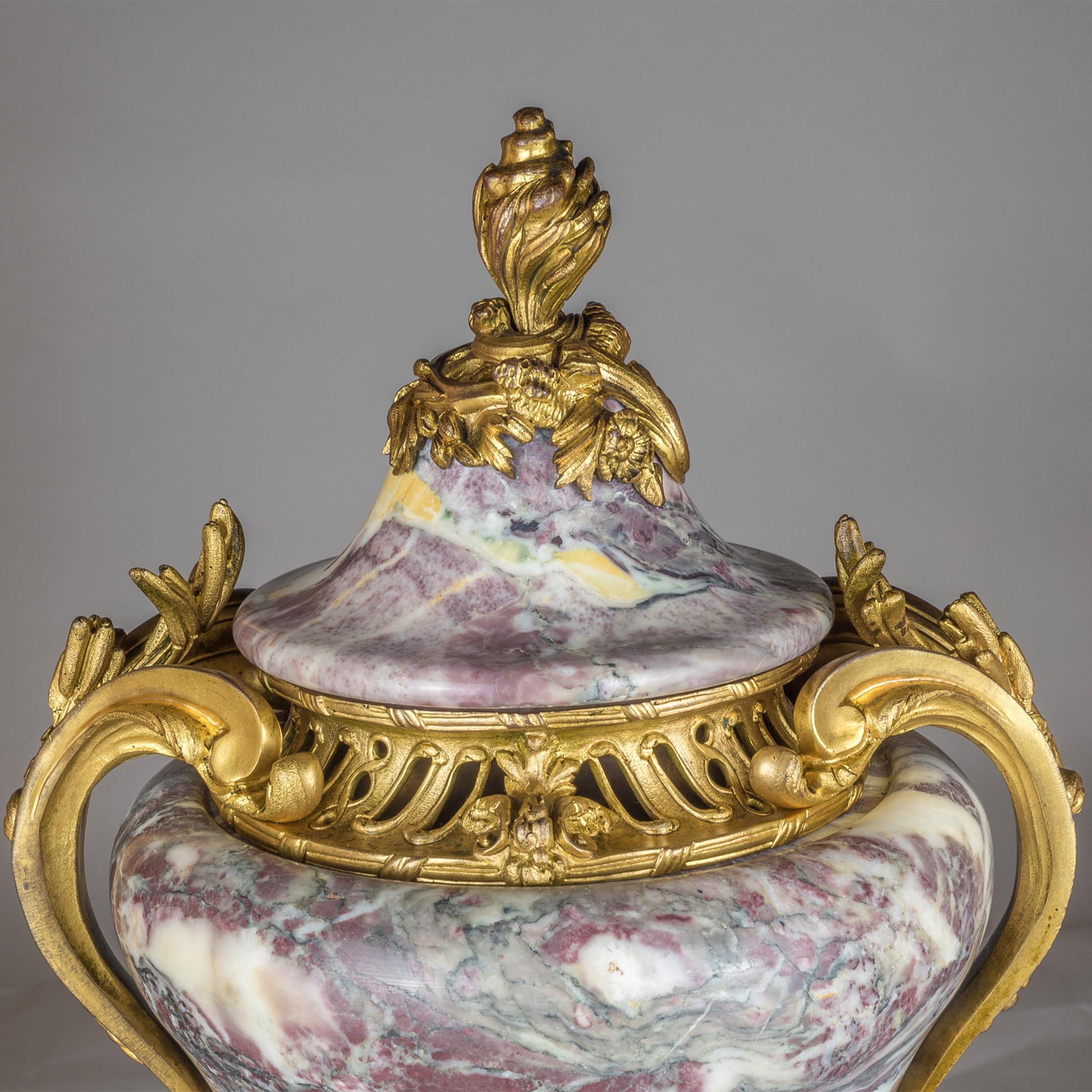 Gilt 19th Century Pair of Louis XV Ormolu-Mounted Sarrancolin Marble Urn and Cover For Sale