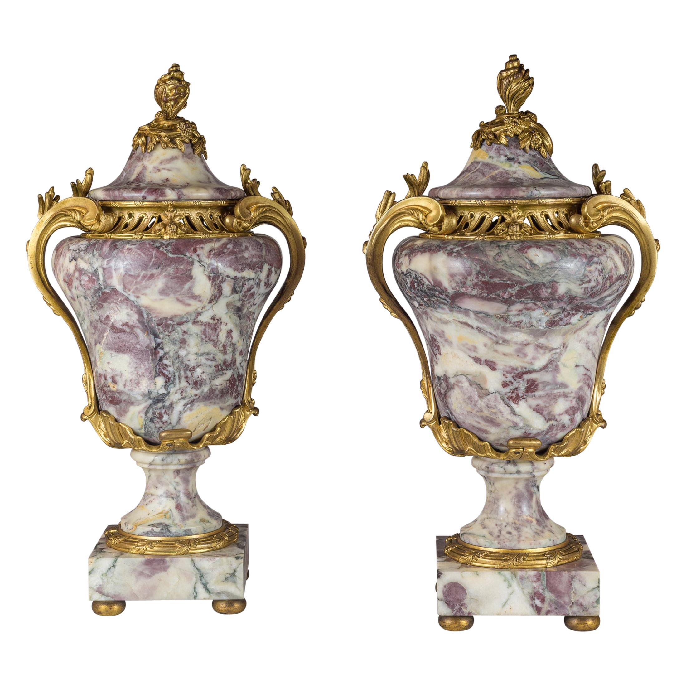 19th Century Pair of Louis XV Ormolu-Mounted Sarrancolin Marble Urn and Cover