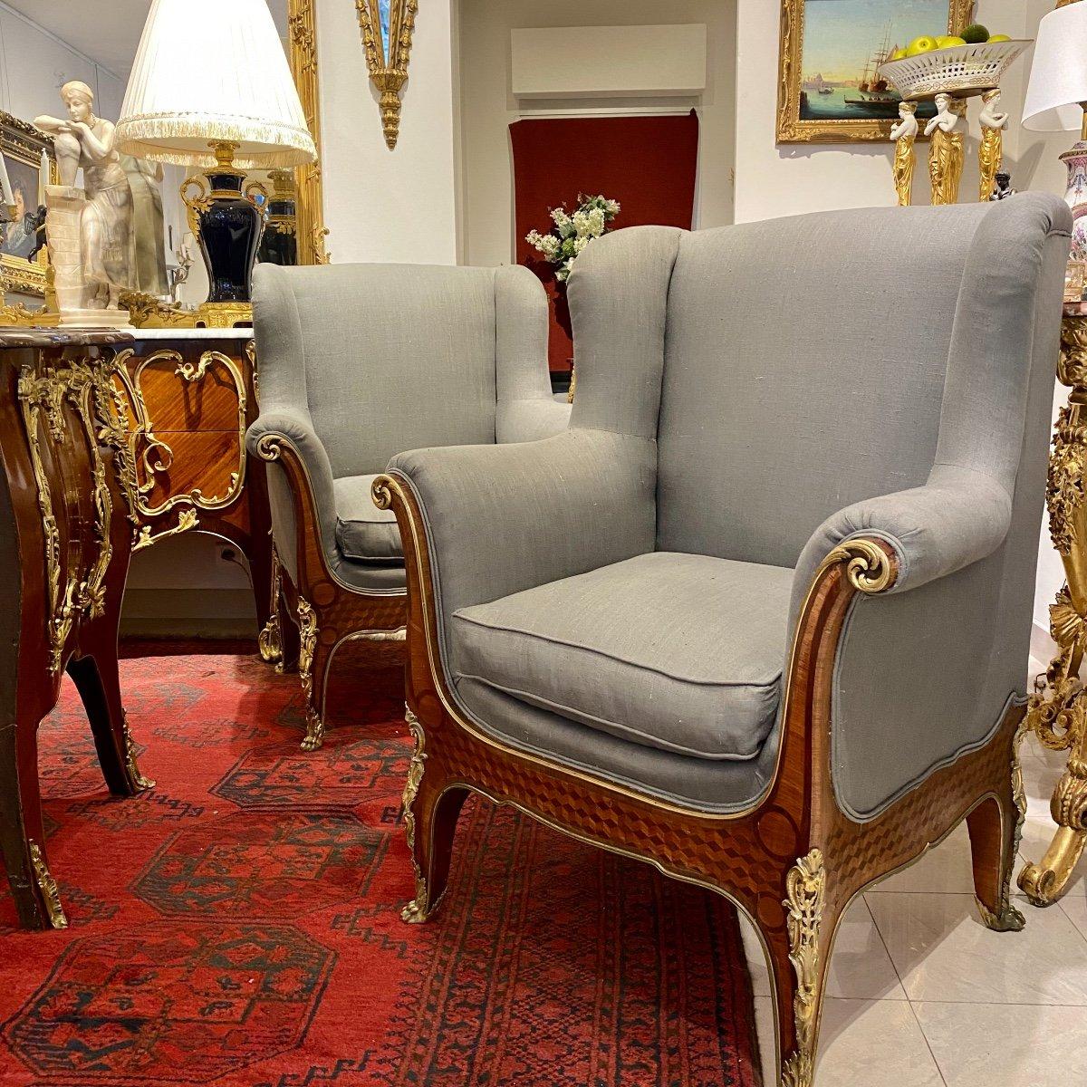 Napoleon III 19th Century Pair of Louis XV-Style Ceremonial Bergere Chairs  For Sale