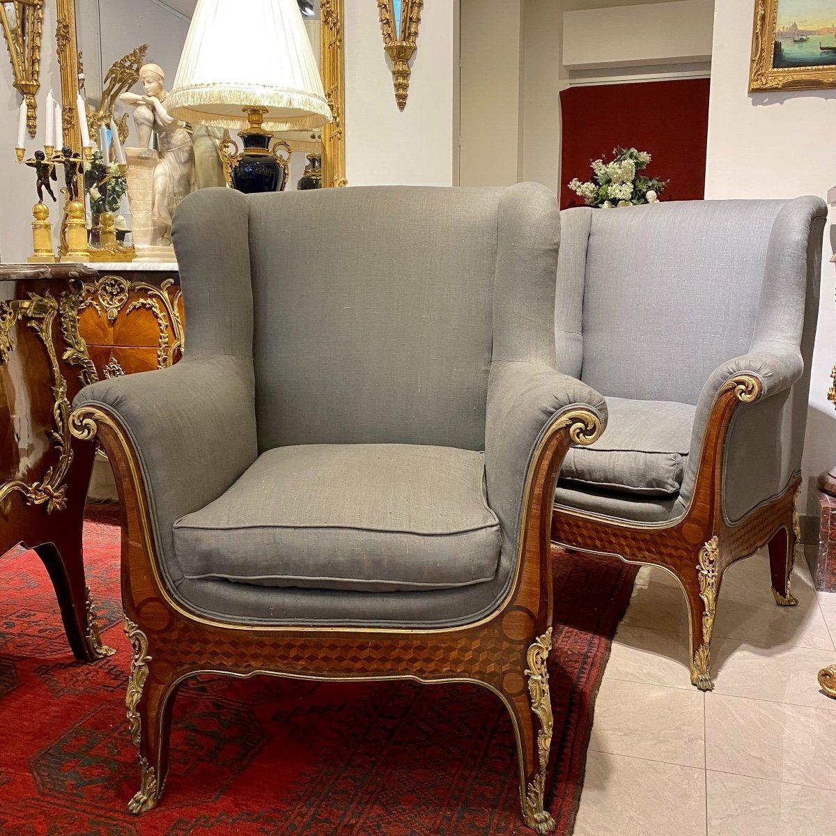 Bronze 19th Century Pair of Louis XV-Style Ceremonial Bergere Chairs  For Sale