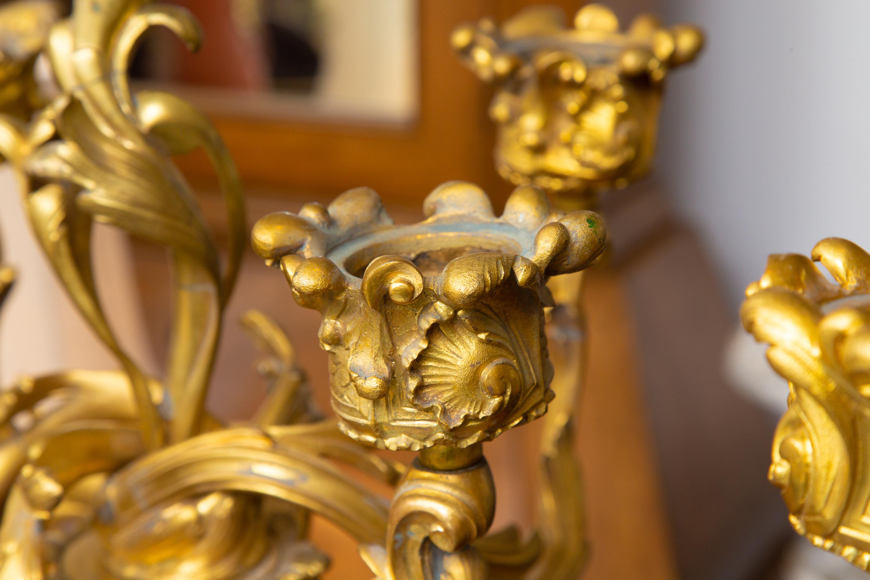 French 19th Century Pair of Louis XV Style Gilt Bronze and Rouge Marble Candelabra For Sale