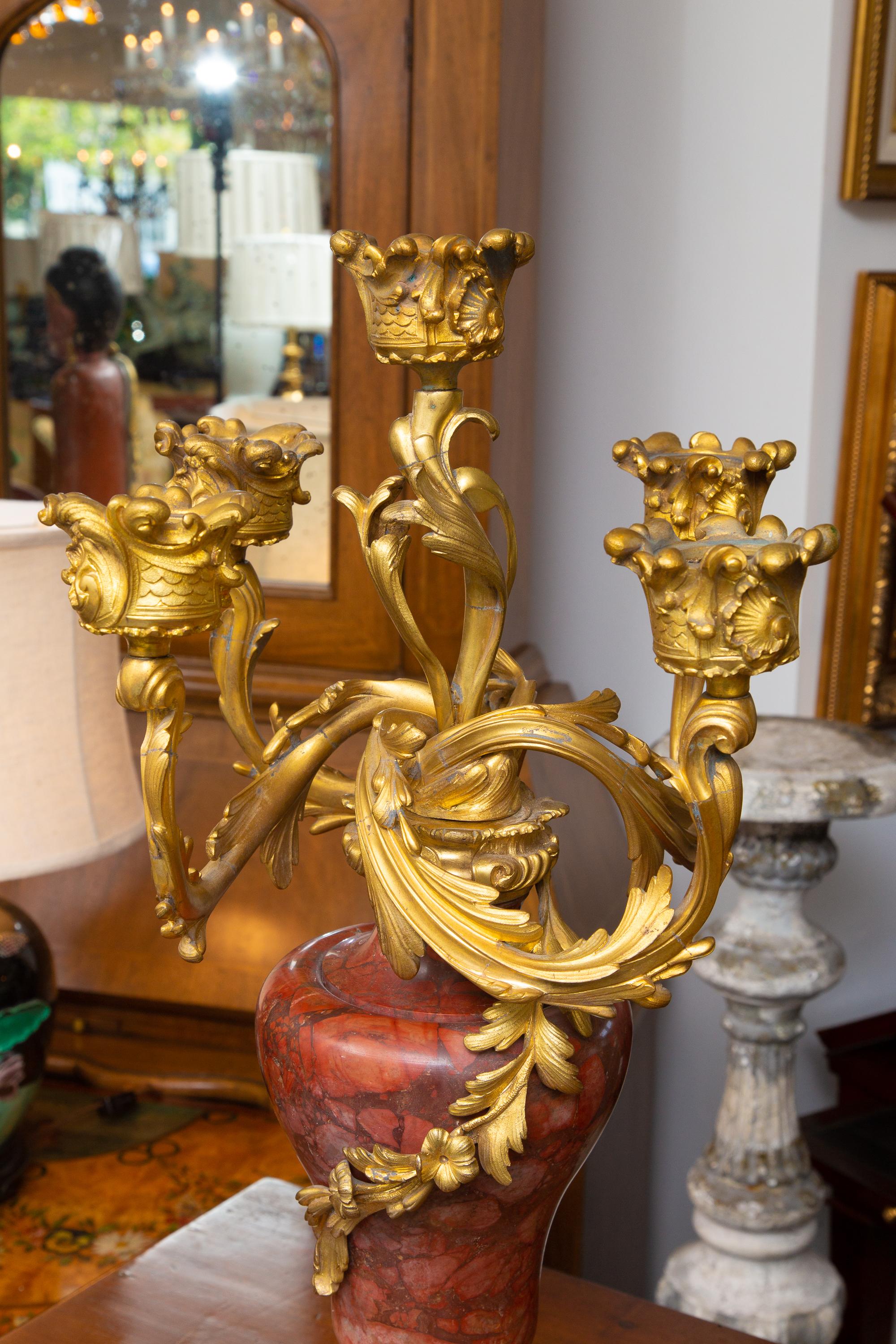 19th Century Pair of Louis XV Style Gilt Bronze and Rouge Marble Candelabra In Good Condition For Sale In WEST PALM BEACH, FL
