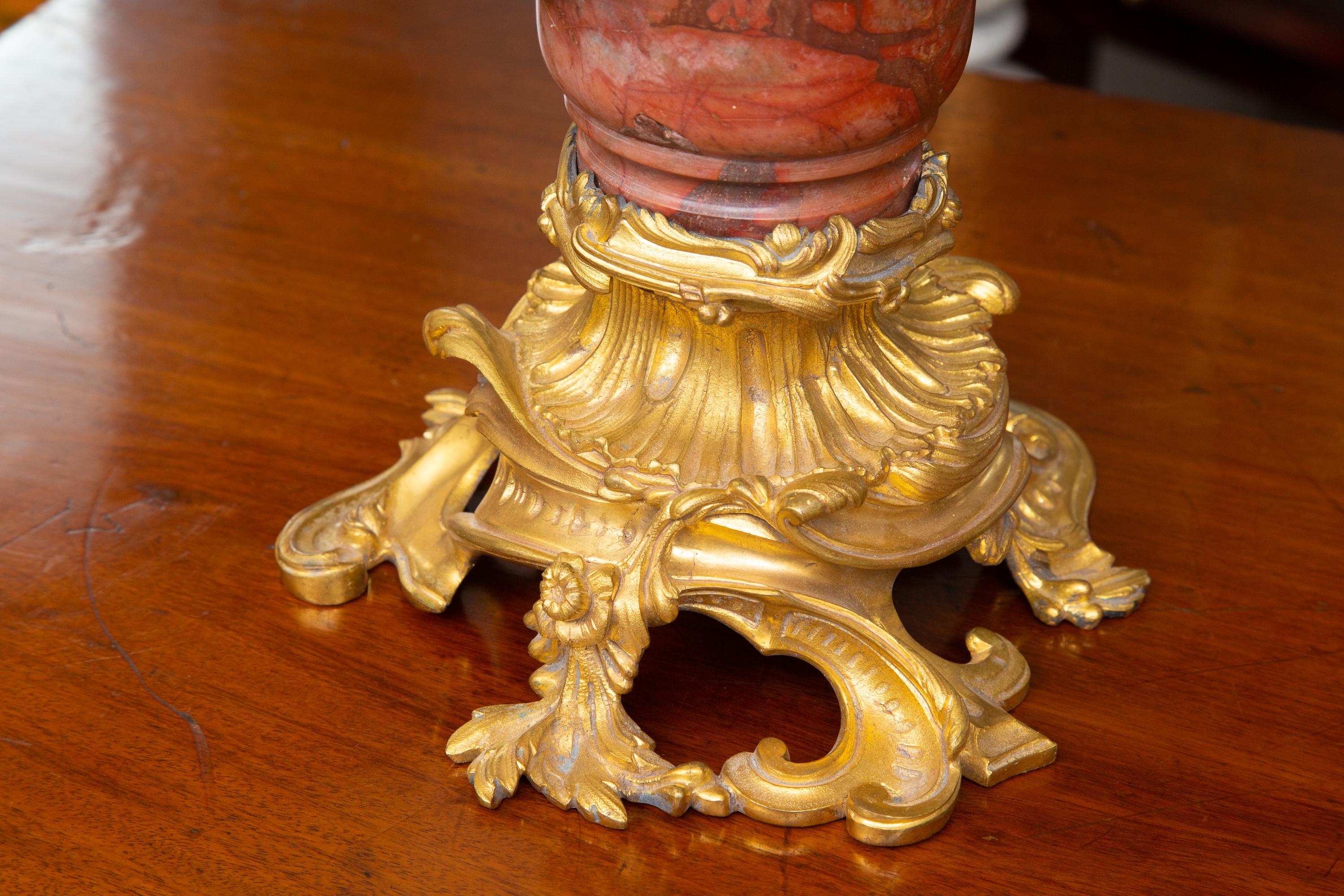 19th Century Pair of Louis XV Style Gilt Bronze and Rouge Marble Candelabra For Sale 2