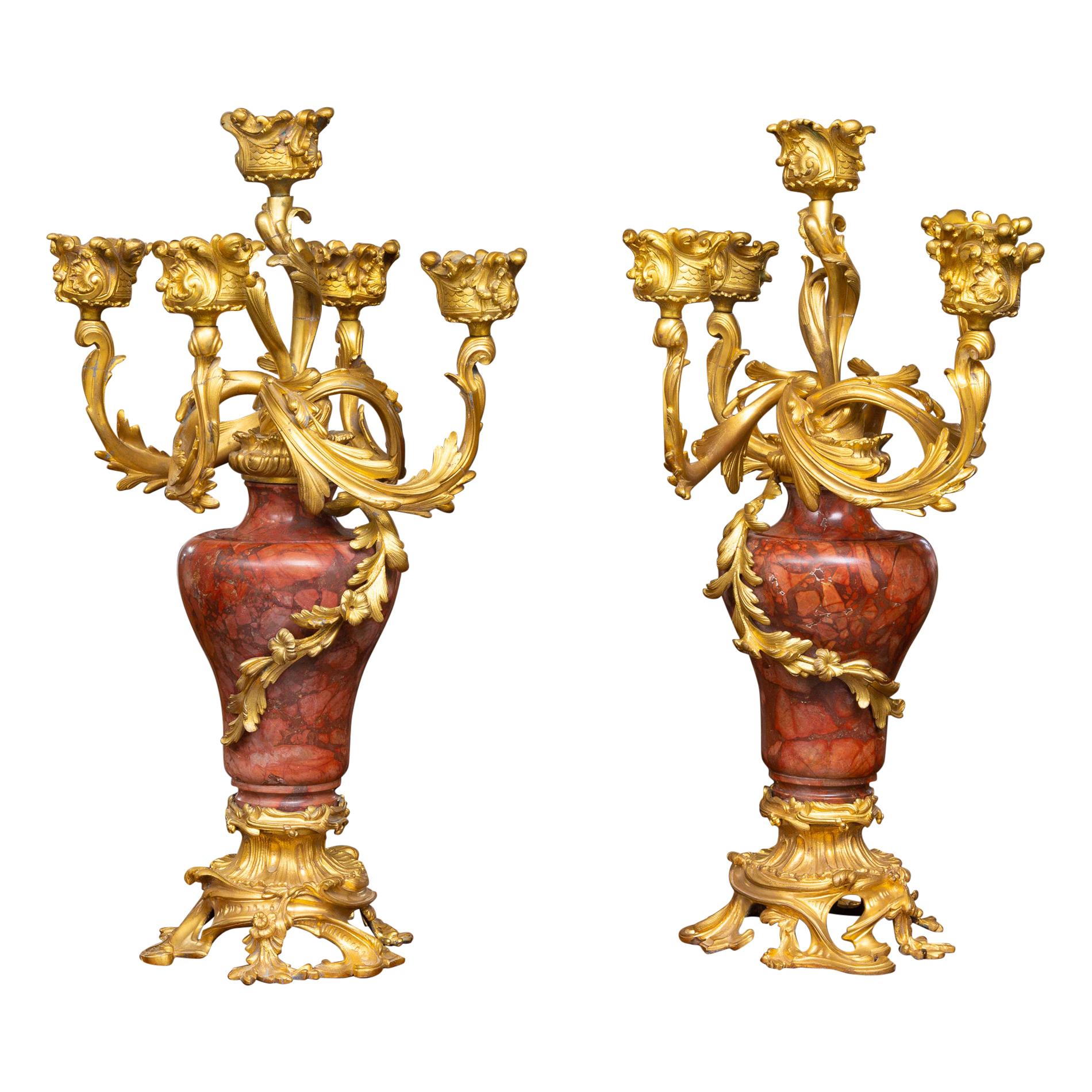 19th Century Pair of Louis XV Style Gilt Bronze and Rouge Marble Candelabra For Sale