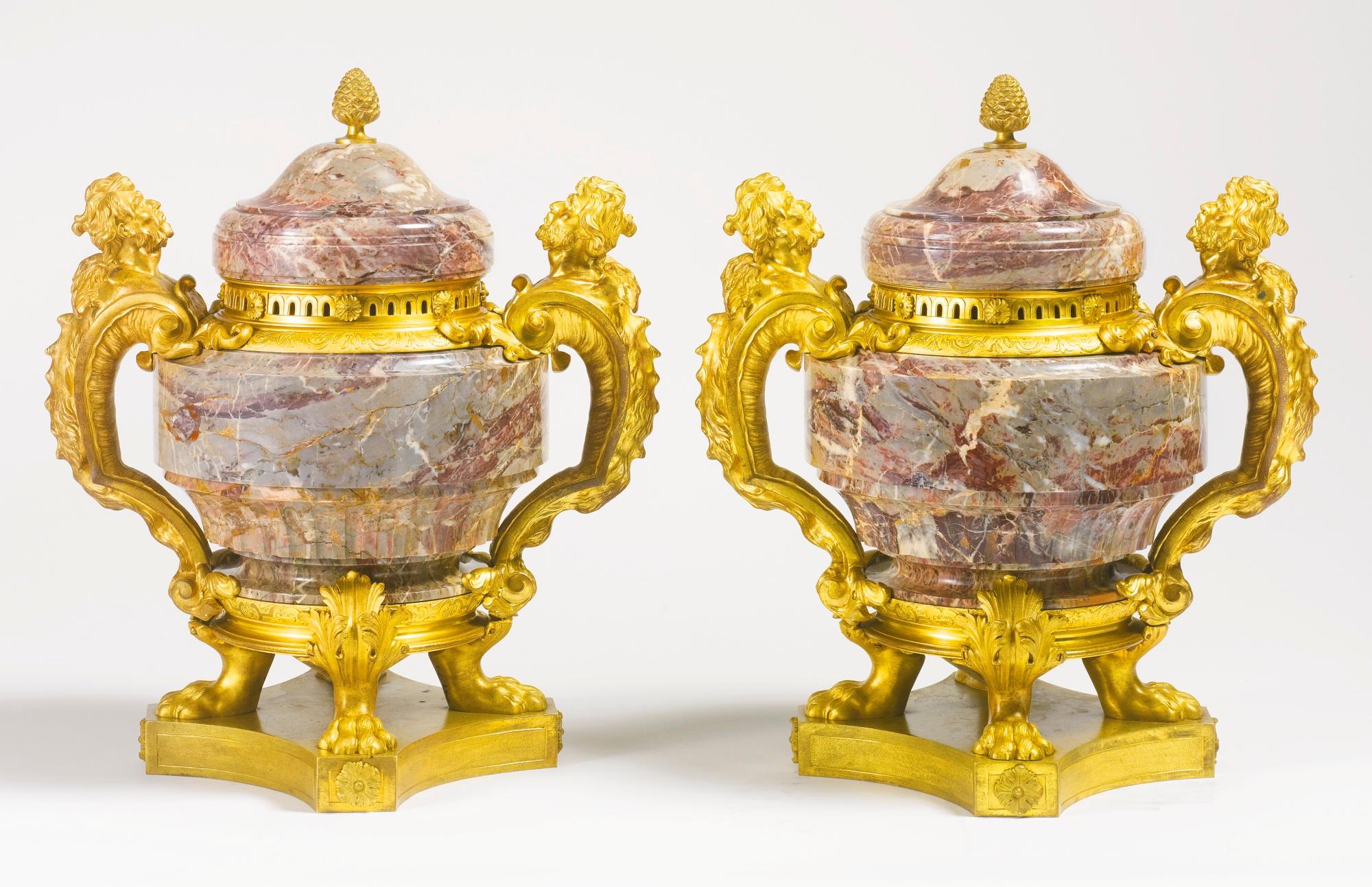 A fine pair of 19th century Louis XV style gilt-bronze mounted Sarrancolin marble urns. Marked BF followed by four digit numbers from the workshop's bronze master models

Maker: Mathieu Béfort dit Béfort Jeune (b. 1813)
Origin: Paris, France