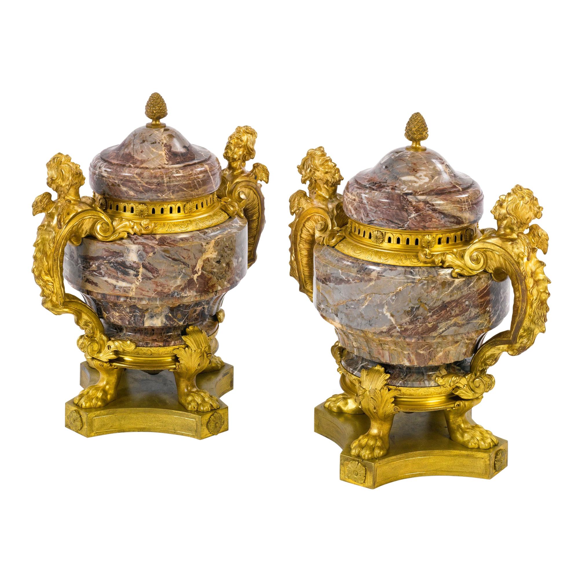 19th Century Pair of Louis XV Style Ormolu Mounted Marble Urns and Cover