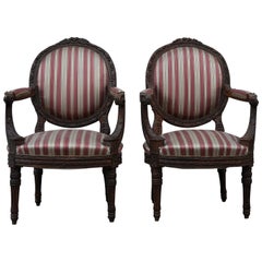 19th Century Pair of Louis XVI Armchairs Carved with Spring Padding, 1800s
