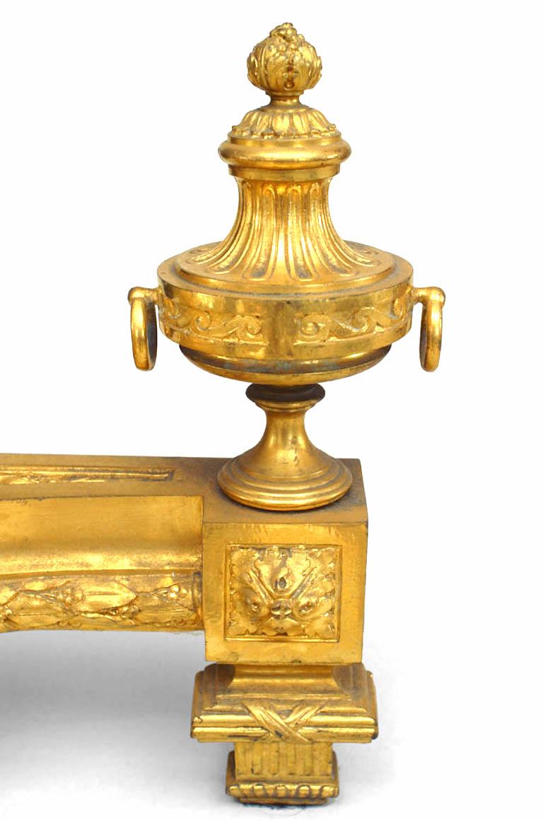 19th Century Pair of Louis XVI Bronze Dore Urn Andirons For Sale 1