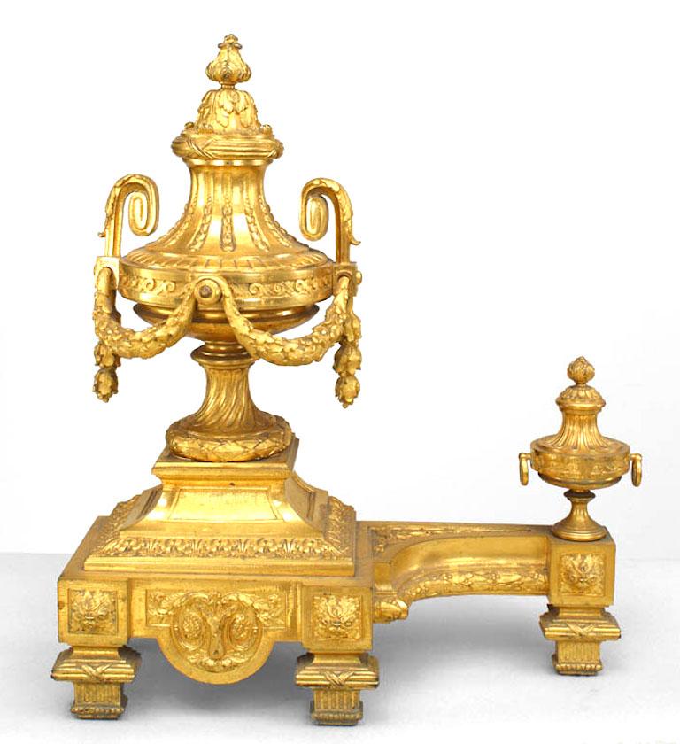 19th Century Pair of Louis XVI Bronze Dore Urn Andirons For Sale 2