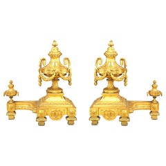 19th Century Pair of Louis XVI Bronze Dore Urn Andirons