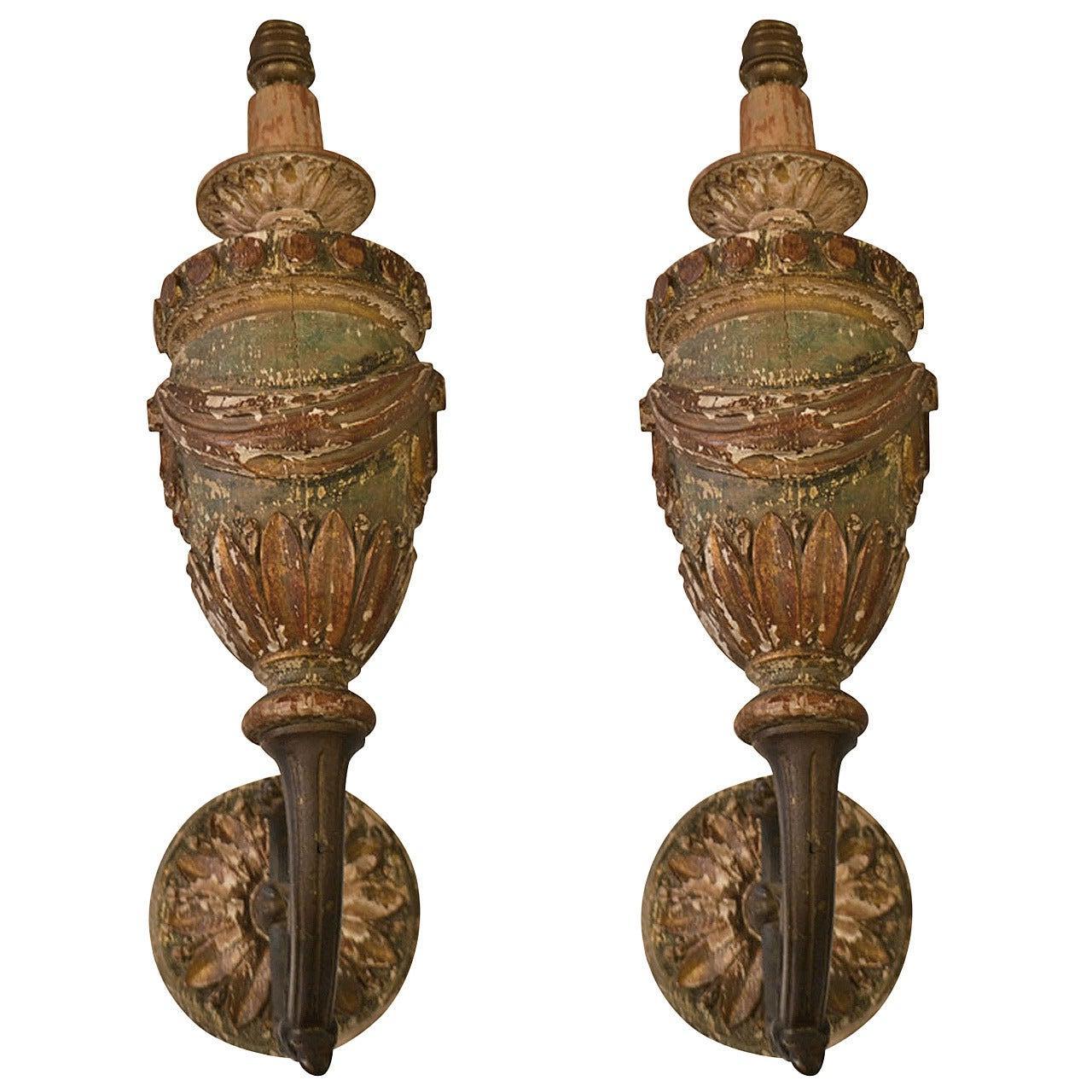 19th Century Pair of Louis XVI Carved Polychromed Sconces with Bronze Arms For Sale