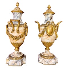 19th Century Pair of Louis XVI Style Cassolettes in Marble and Gilt Bronze 