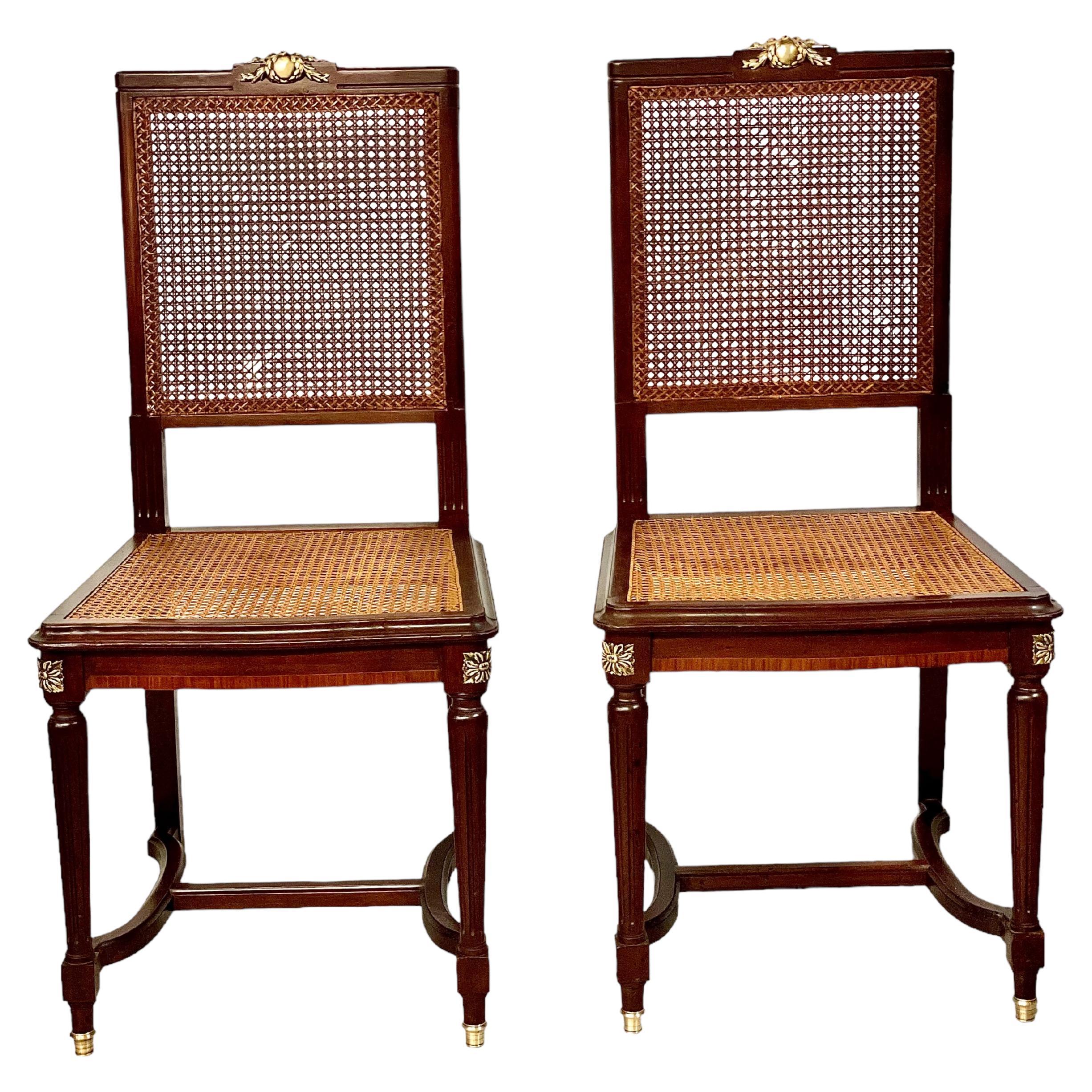 19th Century Pair of Louis XVI Style French Caned Side Chairs For Sale