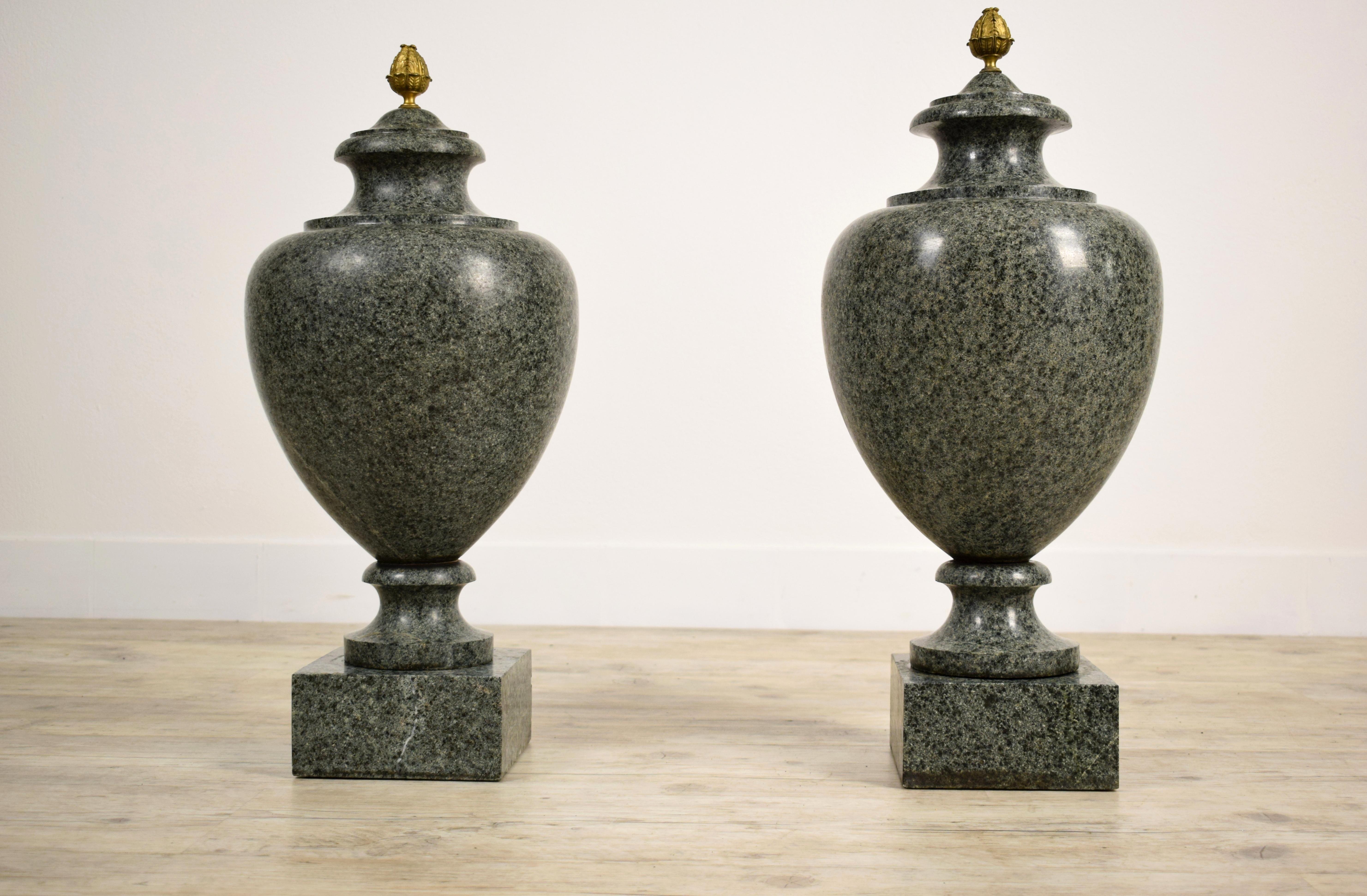 19th Century, Pair of Louis XVI Style Green Granite Vases For Sale 7
