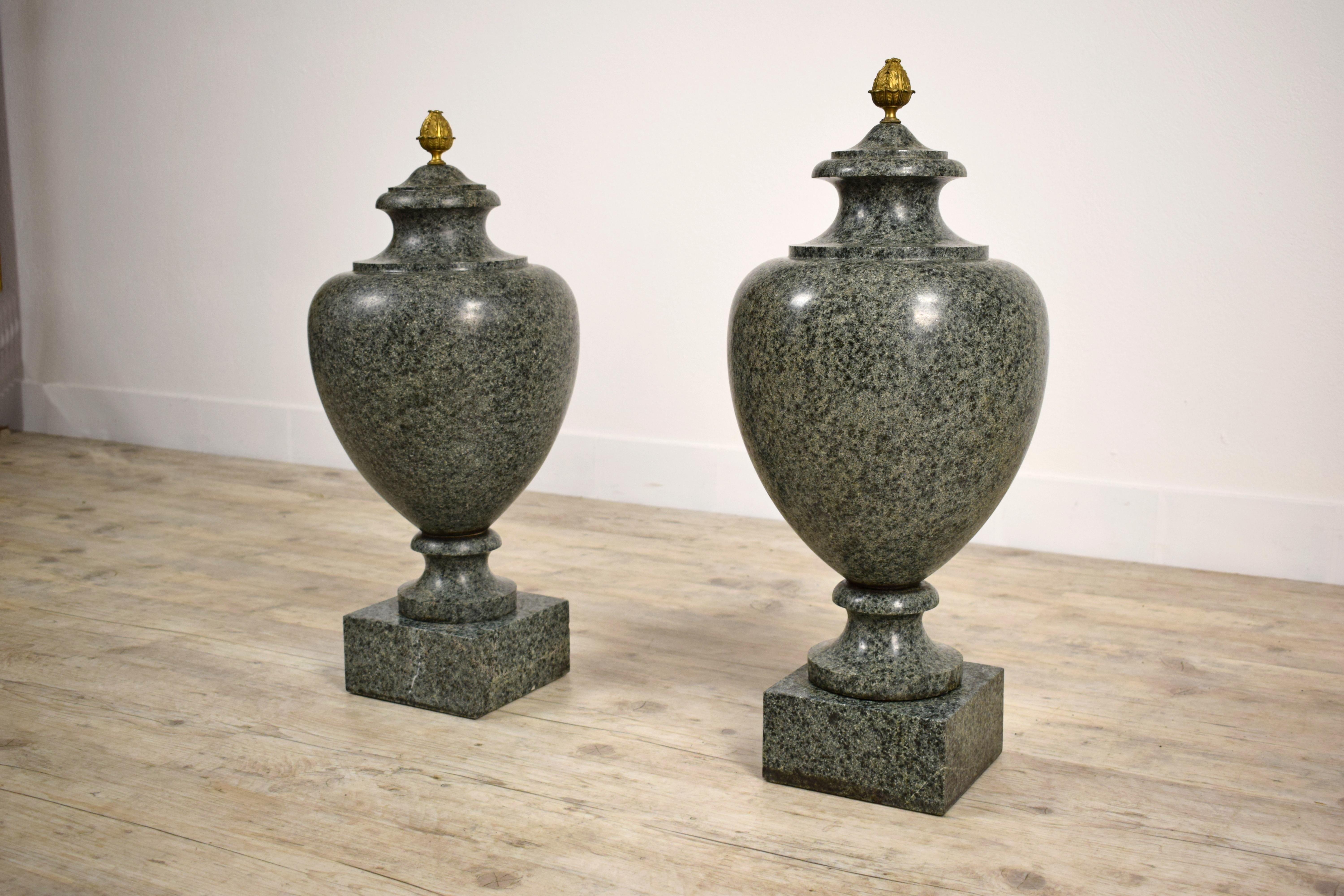 French 19th Century, Pair of Louis XVI Style Green Granite Vases For Sale