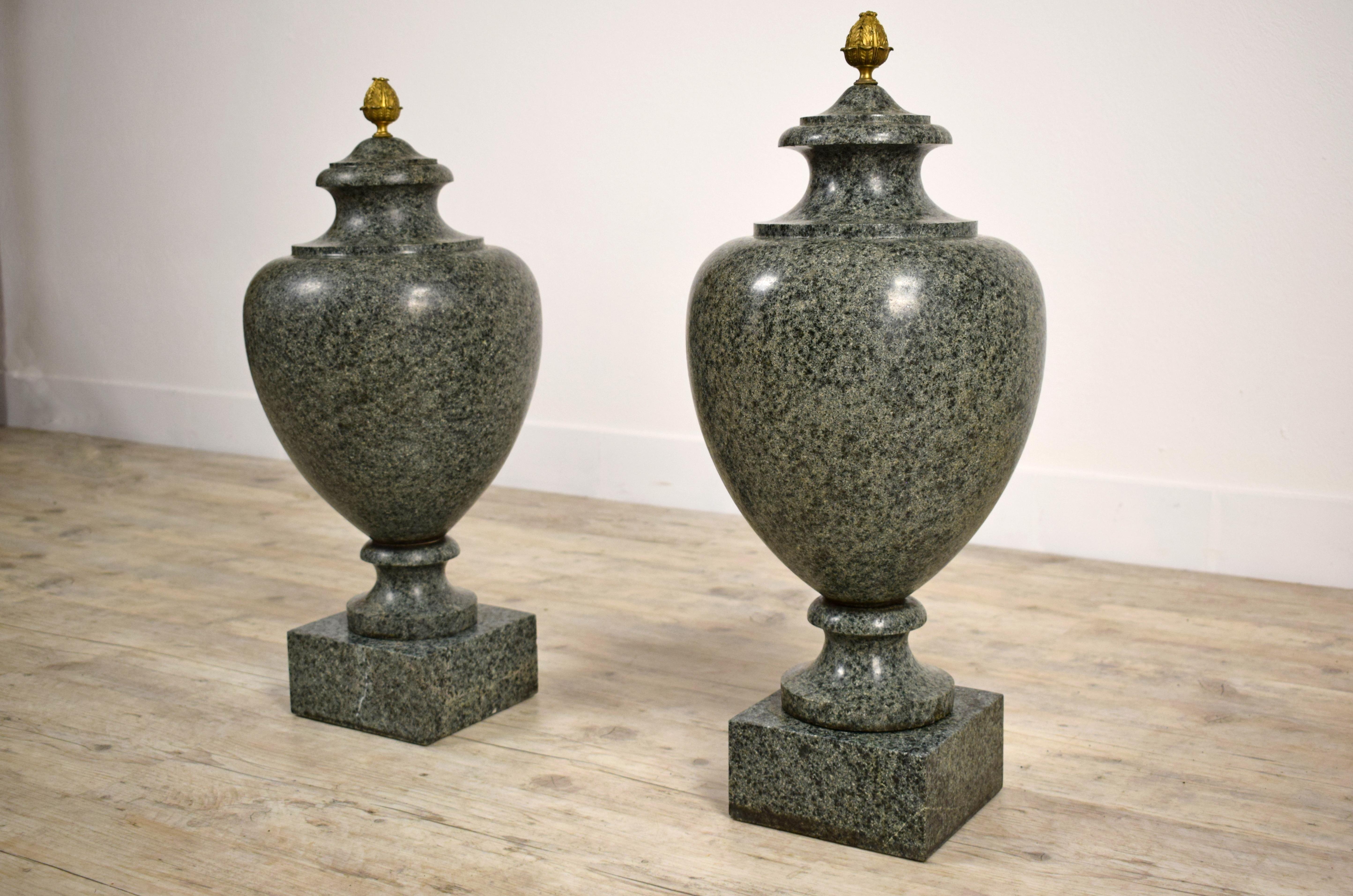 Bronze 19th Century, Pair of Louis XVI Style Green Granite Vases For Sale