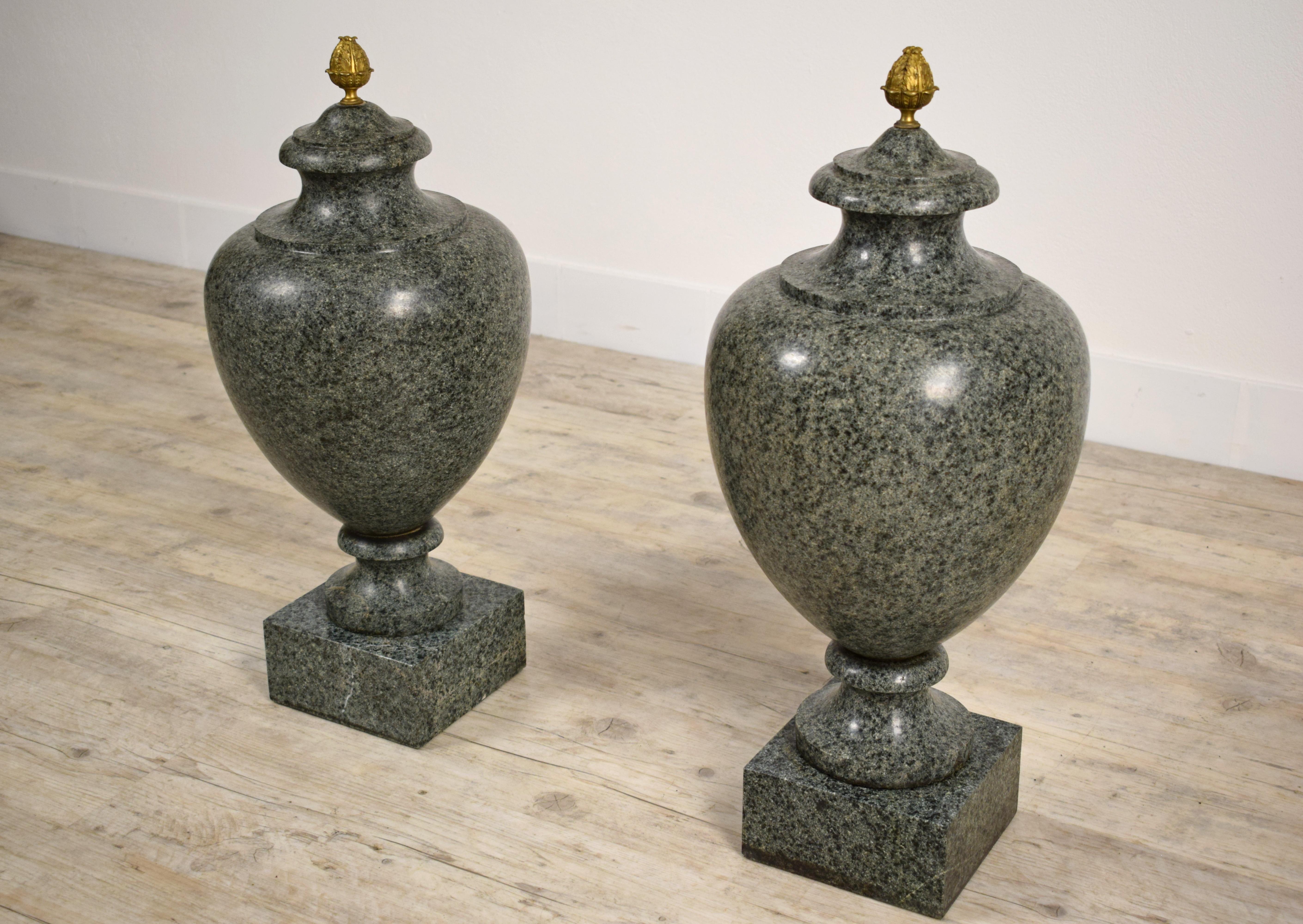 19th Century, Pair of Louis XVI Style Green Granite Vases For Sale 1