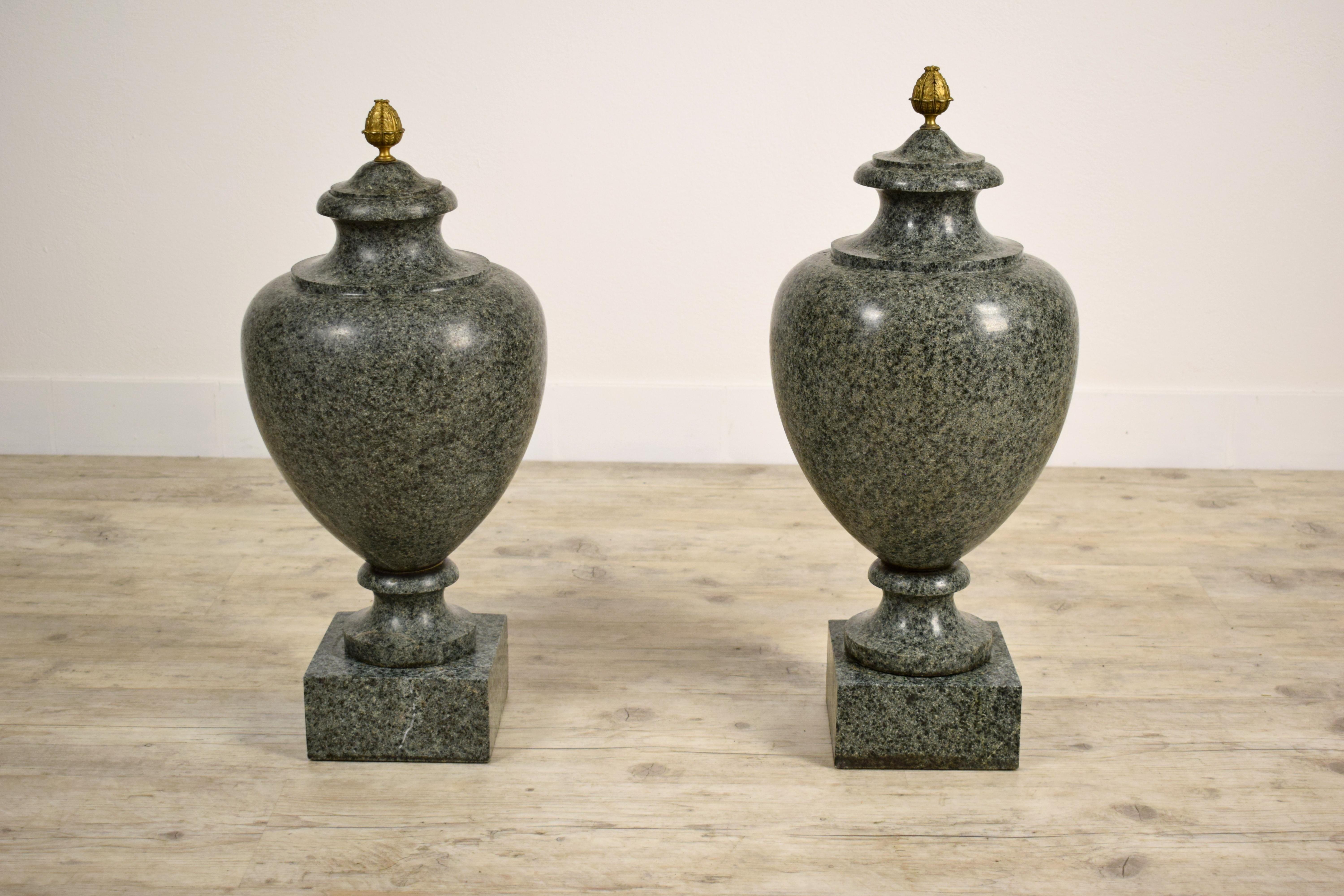 19th Century, Pair of Louis XVI Style Green Granite Vases For Sale 2