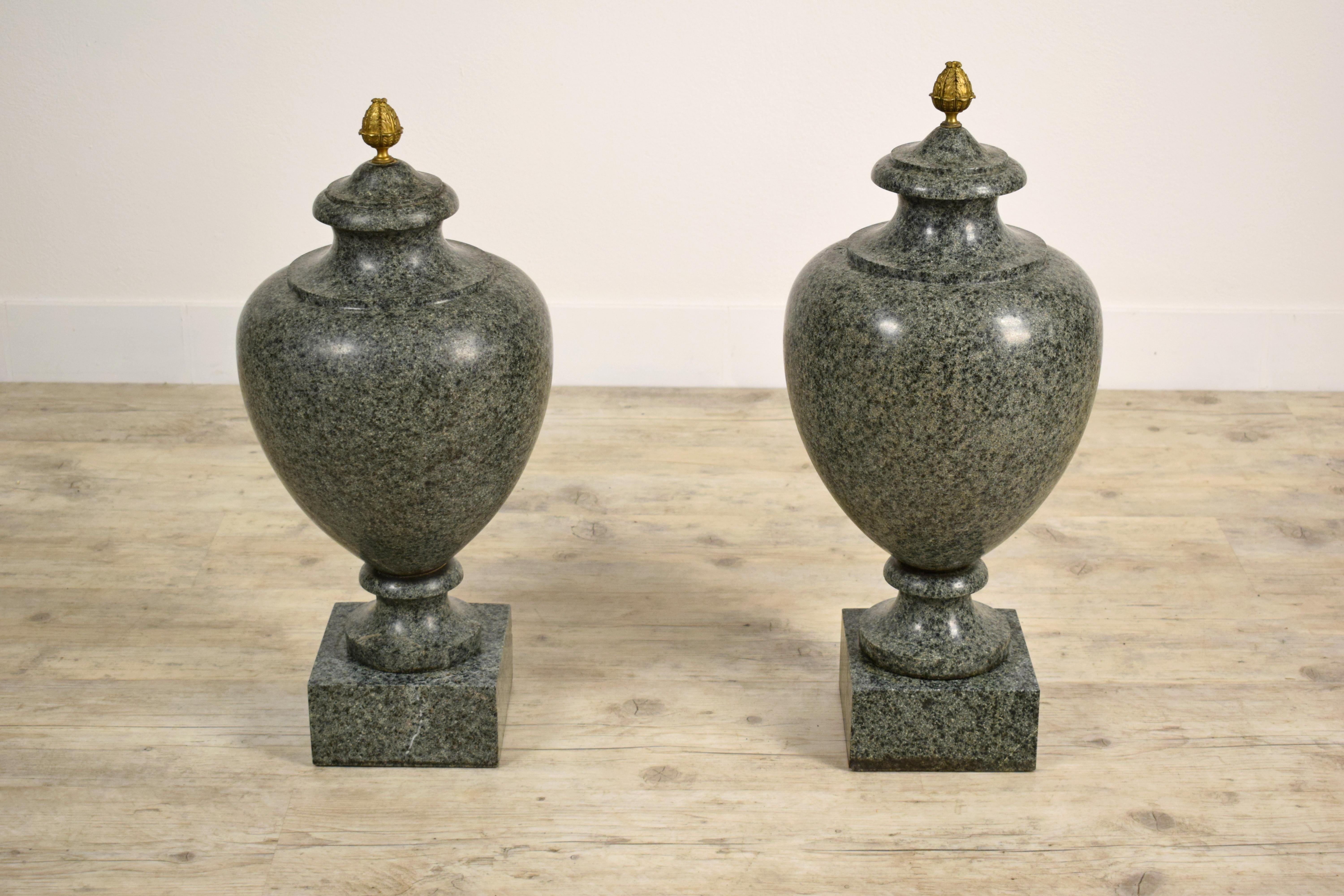 19th Century, Pair of Louis XVI Style Green Granite Vases For Sale 3