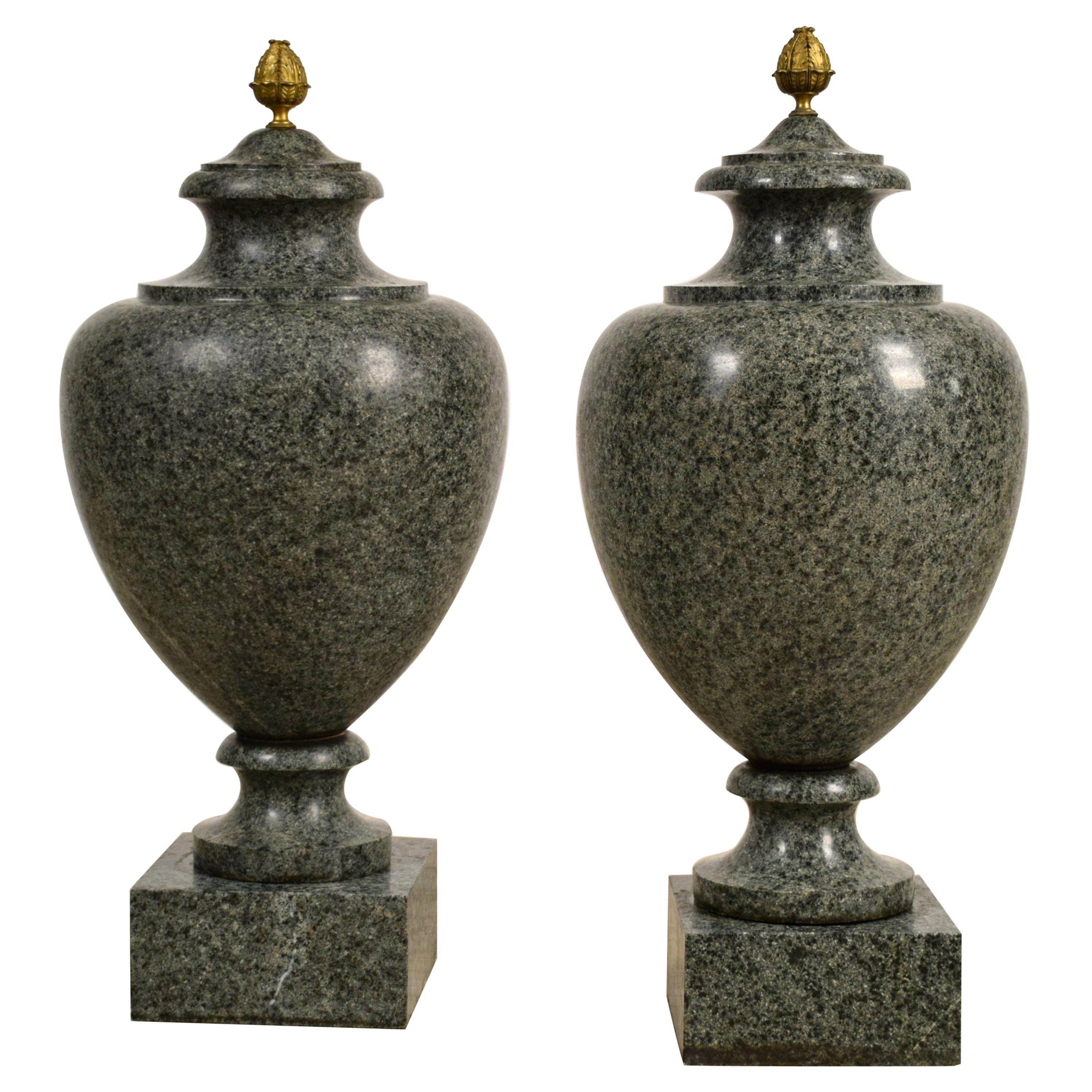 19th Century, Pair of Louis XVI Style Green Granite Vases