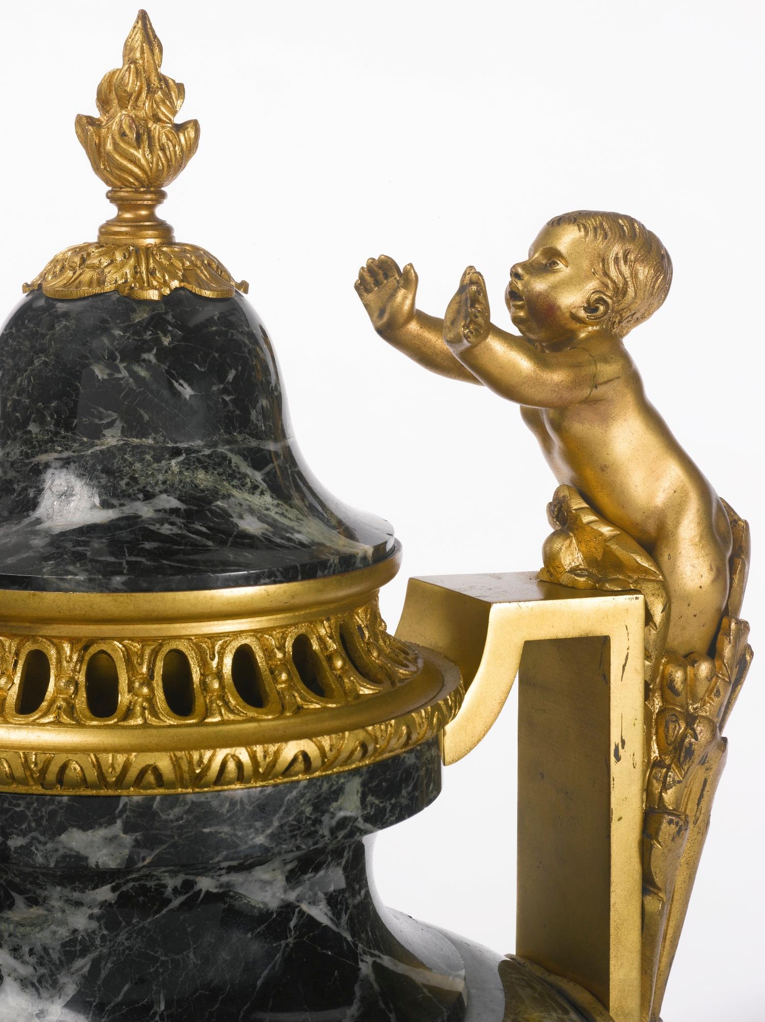 Gilt 19th Century Pair of Louis XVI style Ormolu Mounted Patricia Green Marble Urns