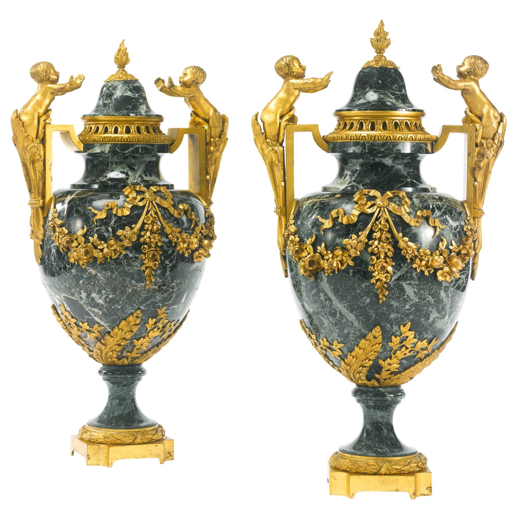 19th Century Pair of Louis XVI style Ormolu Mounted Patricia Green Marble Urns