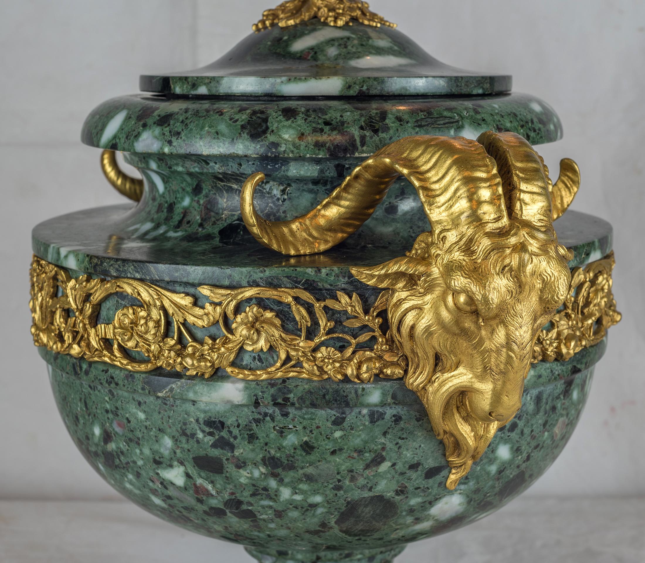 French 19th Century Pair of Louis XVI Style Ormolu Verde Antico Mounted Marble Urns For Sale