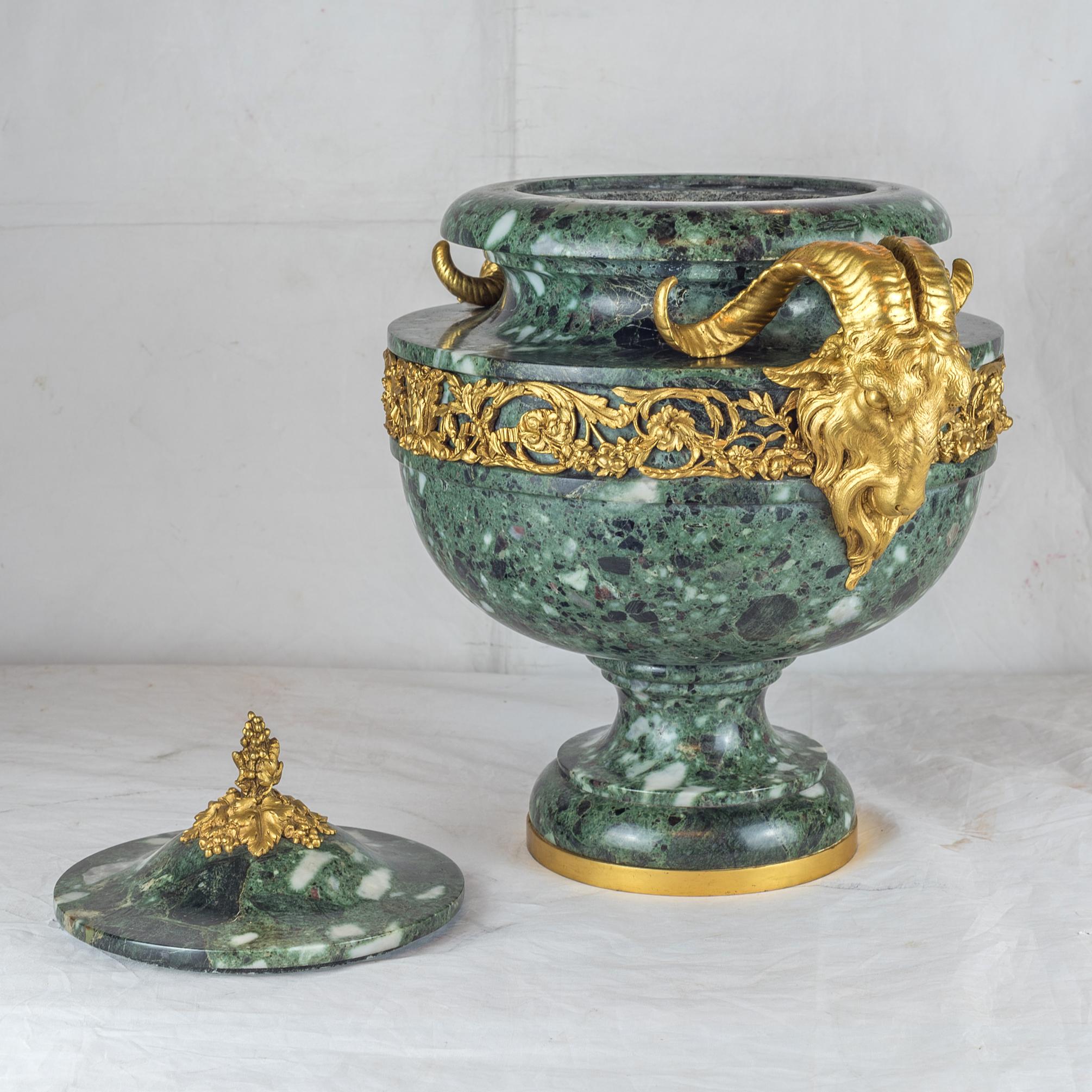 Gilt 19th Century Pair of Louis XVI Style Ormolu Verde Antico Mounted Marble Urns For Sale
