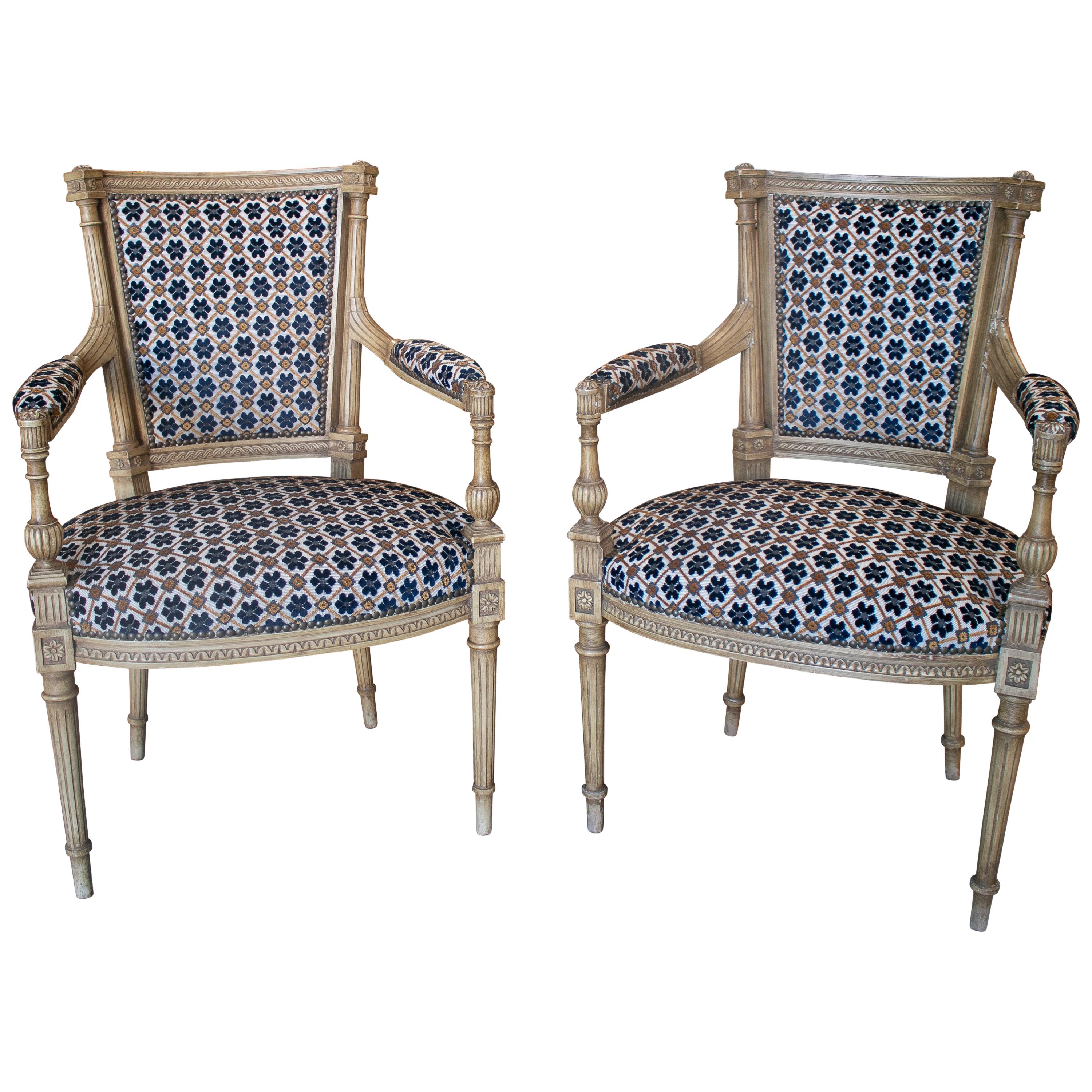 19th Century Pair of Louis XVI Armchairs Upholstered w/ Lorenzo Castillo Fabrics