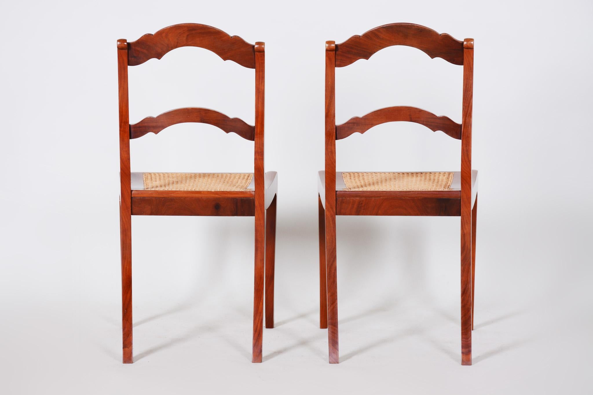 Mid-19th Century 19th Century Pair of Mahogany German Biedermeier Chairs, New Wickerwork Pedig For Sale