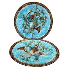 19th Century Pair of Majolica Hunting Trophies Platters Onnaing