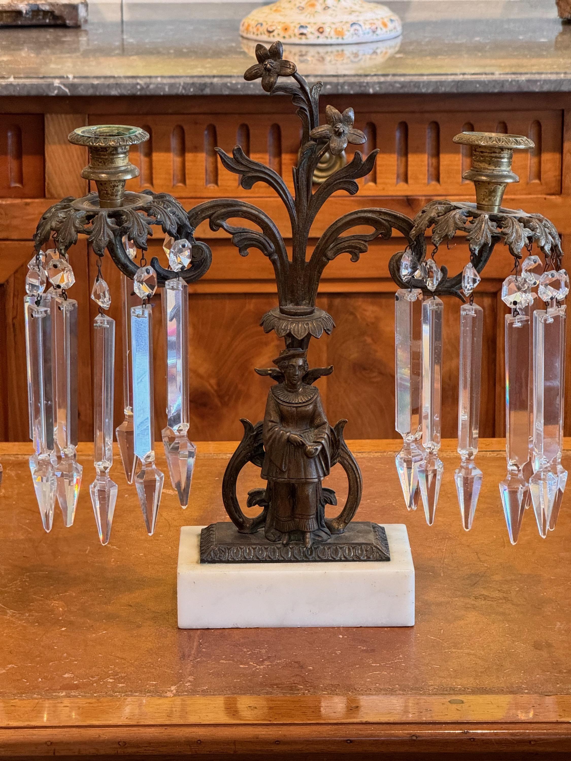 British 19th Century Pair of Marble and Bronze Crystal Candelabra For Sale