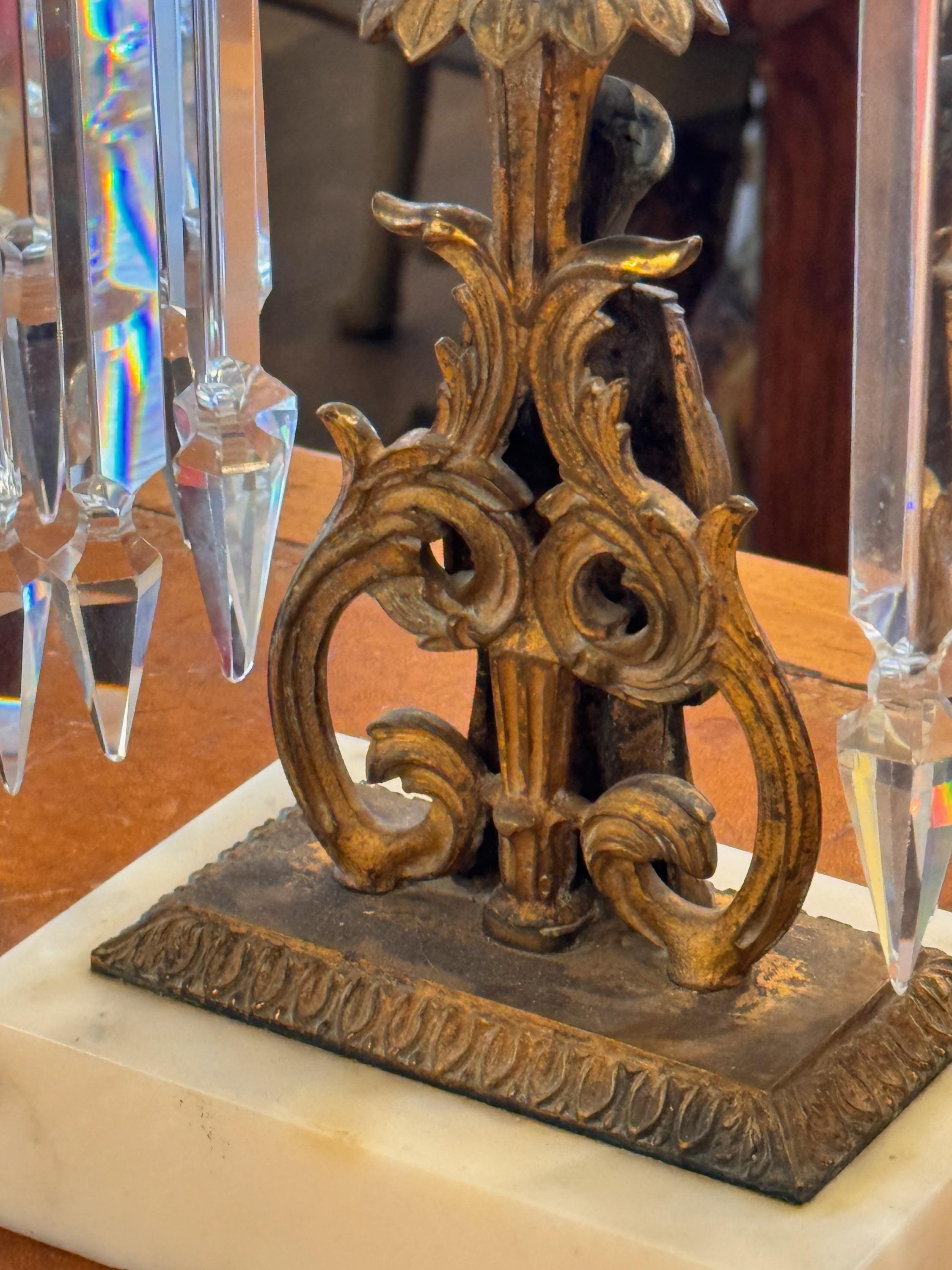 19th Century Pair of Marble and Bronze Crystal Candelabra For Sale 1